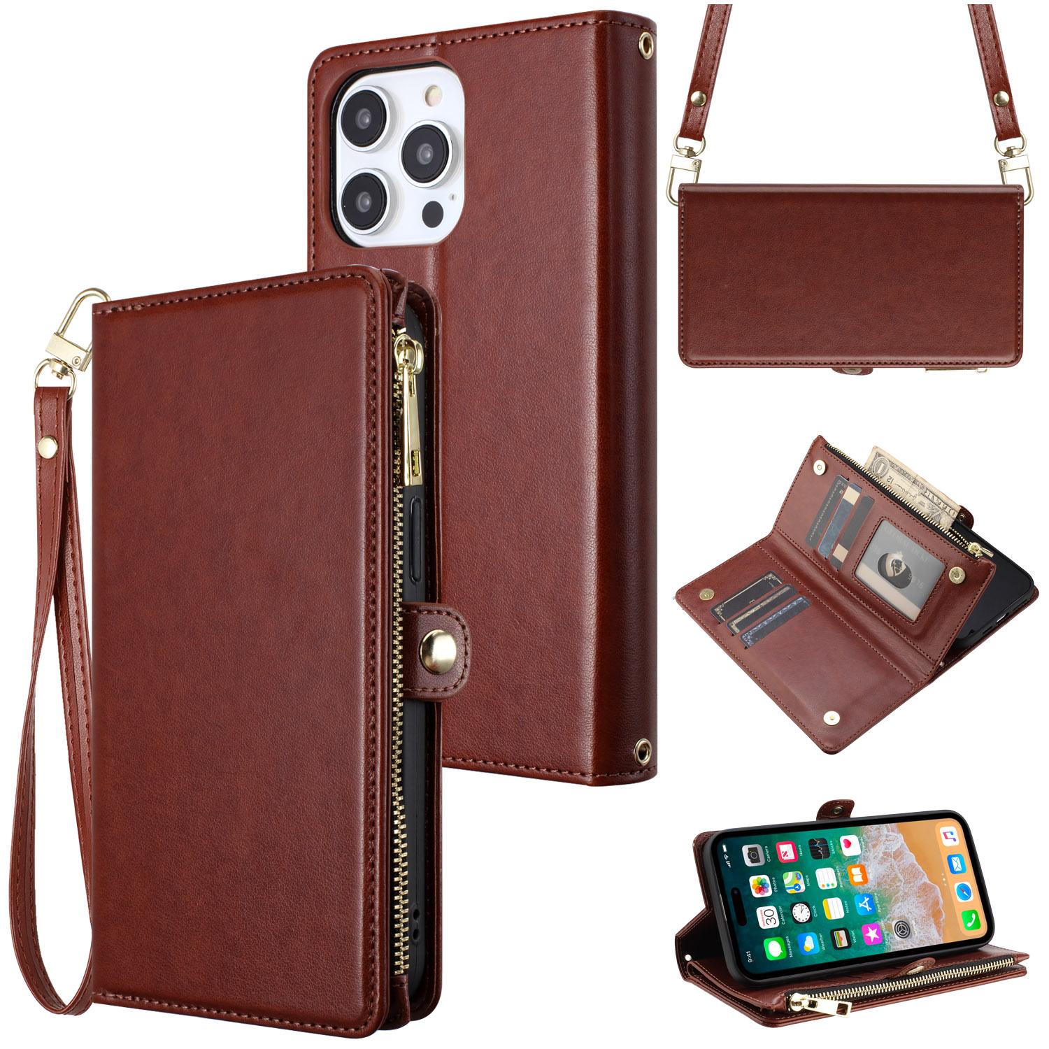 iPhone 15 Purse Style Wallet Card ID Money Holder with Zip containing Long & Short Lanyard - Brown