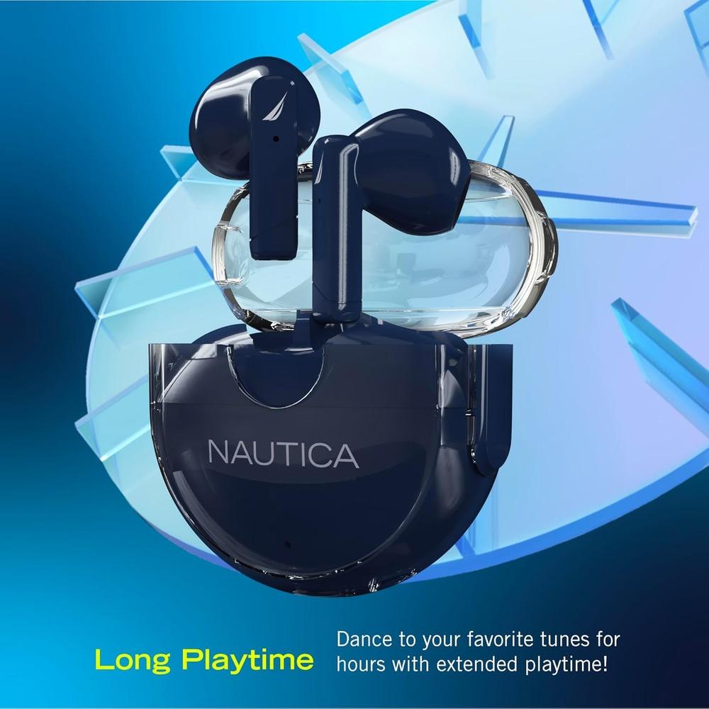NAUTICA T320 Bluetooth Earbuds, Wireless Connection, 6 Hours Playtime, Bluetooth 5.1, Hands-Free Stereo Calls, Fast Auto Pair, IPX5 Splashproof, Lightweight Transparent Design for iOS, Android