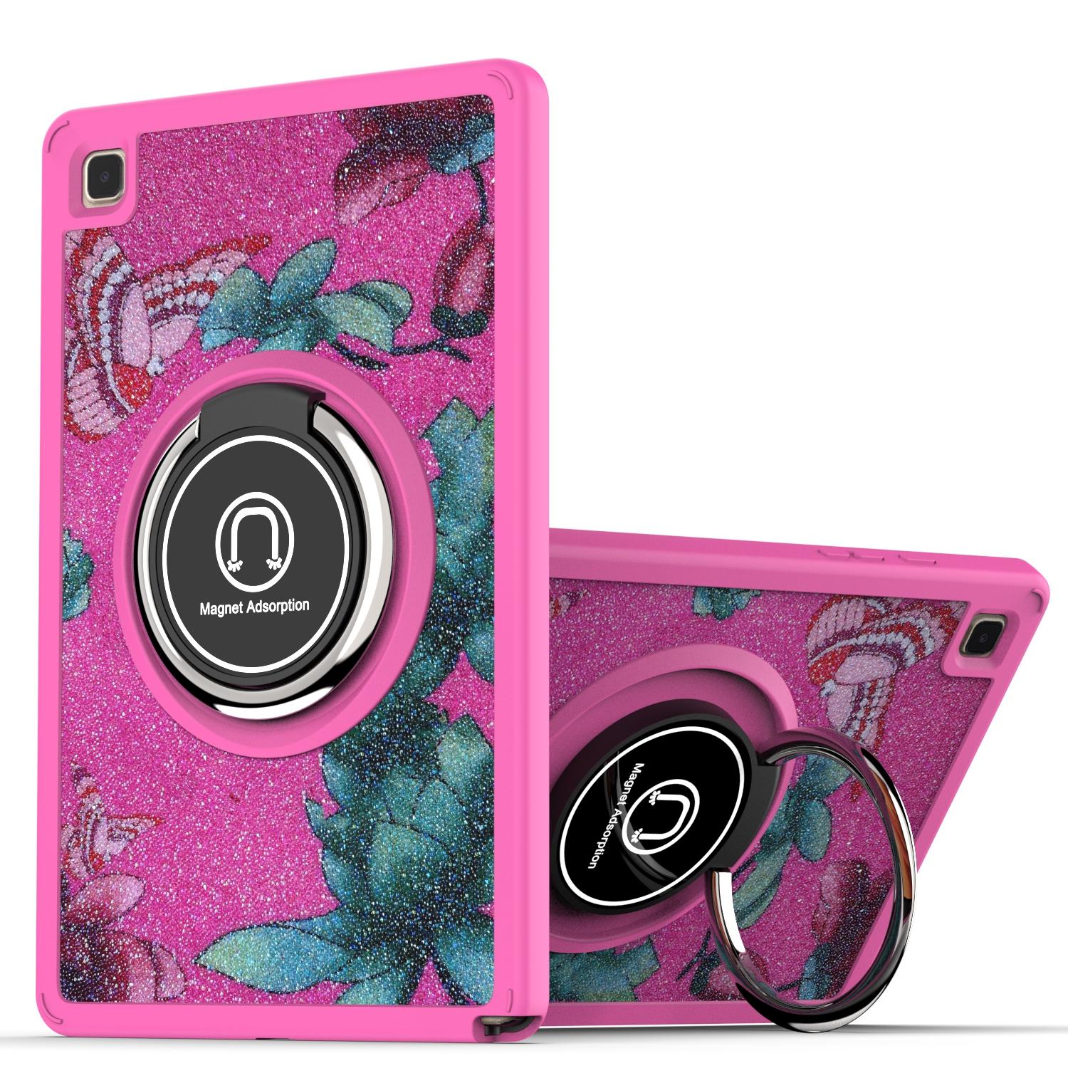 Samsung Galaxy Tab A7 10.4 inch Diamond Bling Design Tablet Magnetic Ring Stand Hybrid Case Cover - Hot Pink Floral