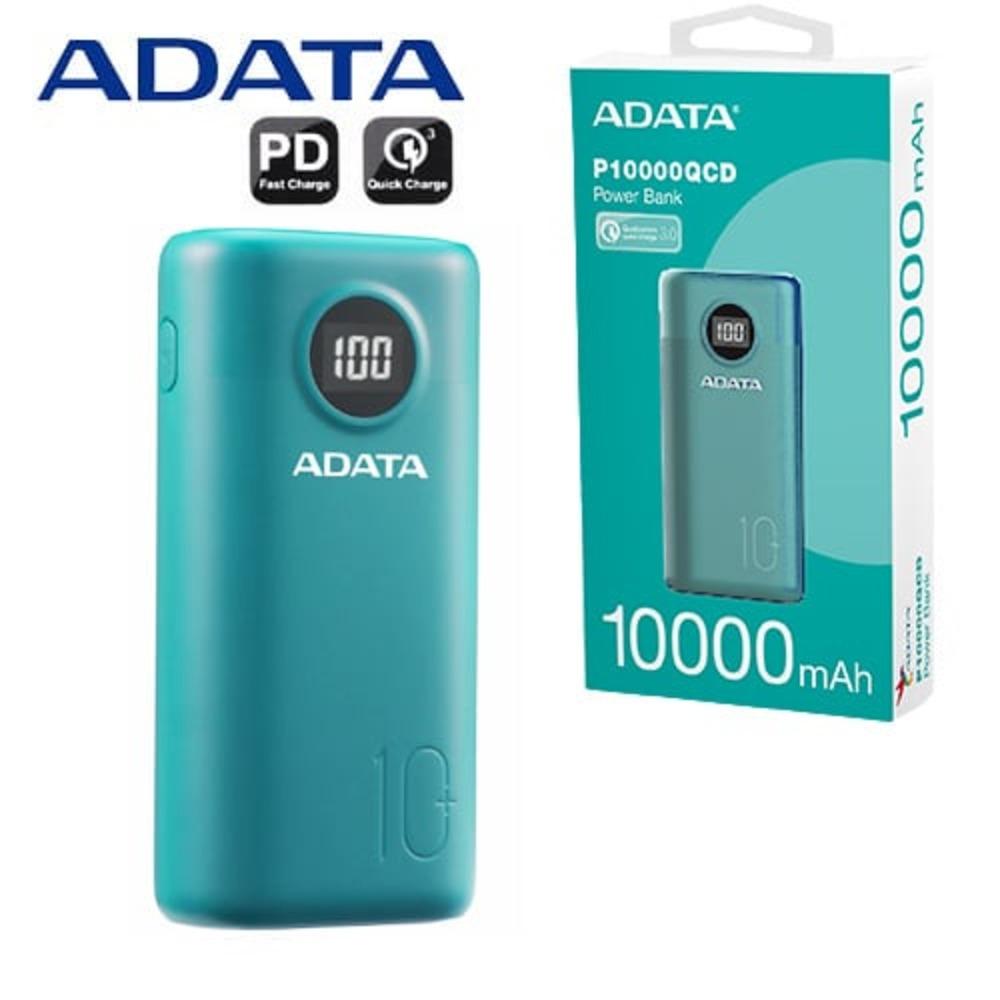ADATA P10000QCD Power Bank, 10000mAh USB-C Input Port, Meets PSE Technical Standards, Qualcomm QC 3.0, Supports USB Power Delivery 3.0, USB-A to USB-C Cable, TEAL