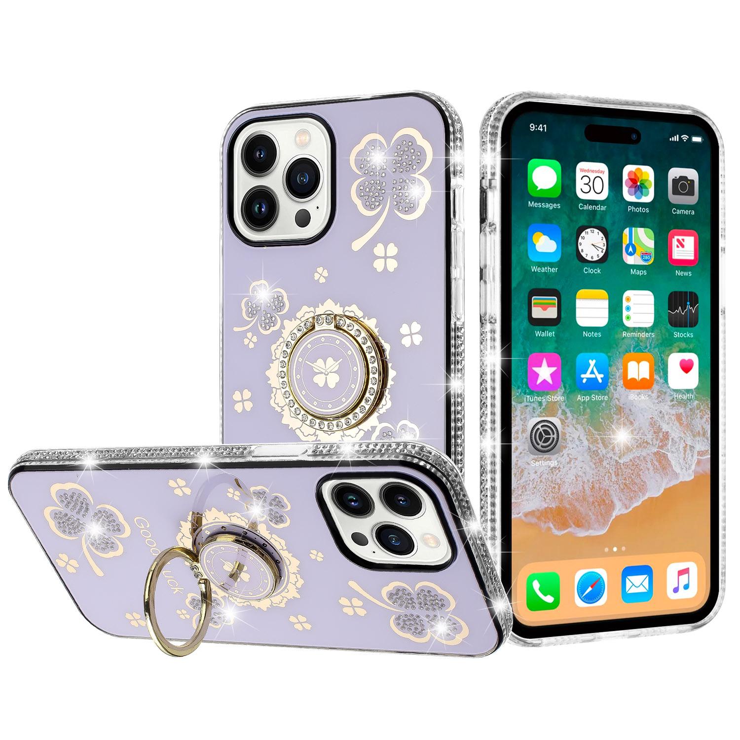 iPhone 15 Splendid Glitter with Diamonds All Around Edges Ring Stand Case Cover - Purple
