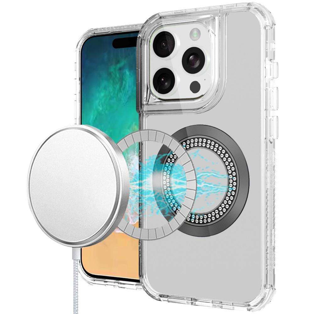 iPhone 16 Pro Max 6.9-Inch Magnetic Ring Circle Bling Chrome 3-in-1 Hybrid Case – Glitter Shockproof Cover with Kickstand & Car Mount Support