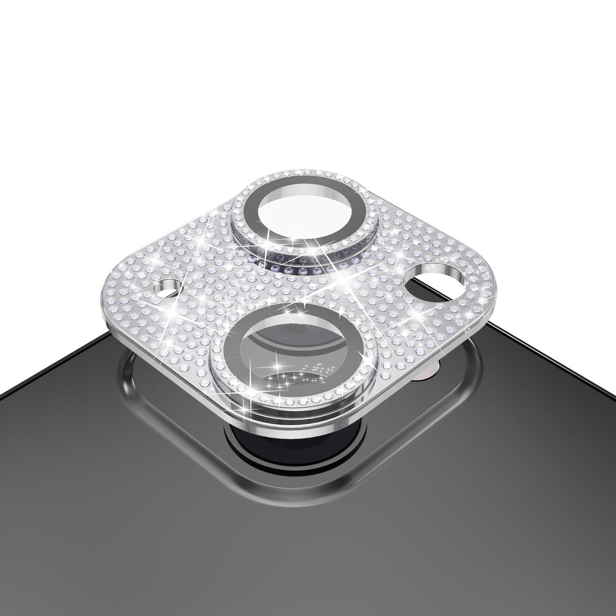 iPhone 15 Plus Diamond Bling Camera Lens Full Tempered Glass - Silver