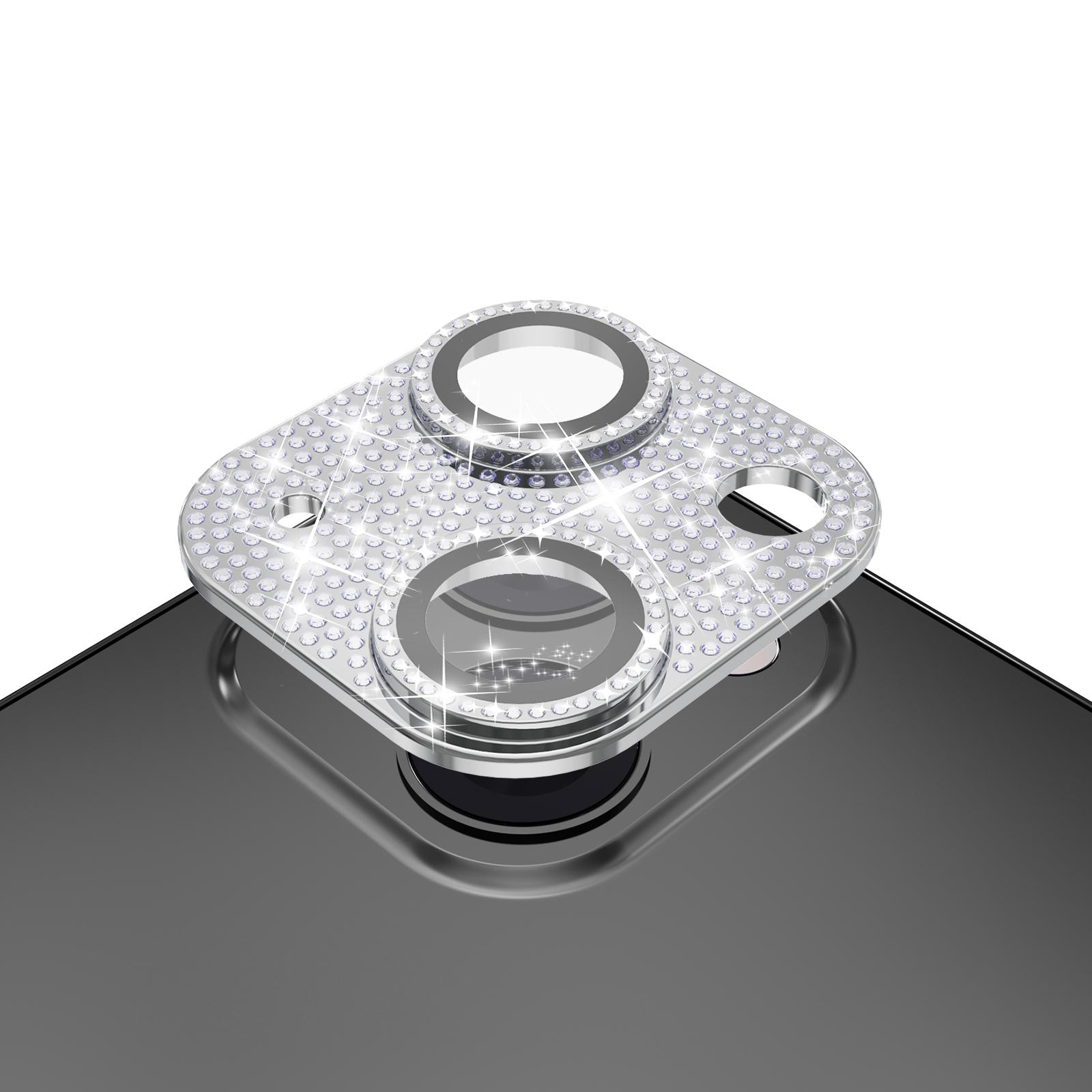 iPhone 15 Plus Diamond Bling Camera Lens Full Tempered Glass - Silver