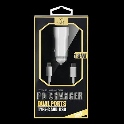 2-IN-1 18W PD Fast Type C&USB Dual Ports Car Charger+Type C to 8 pin Cable in White, photo 5 of 5