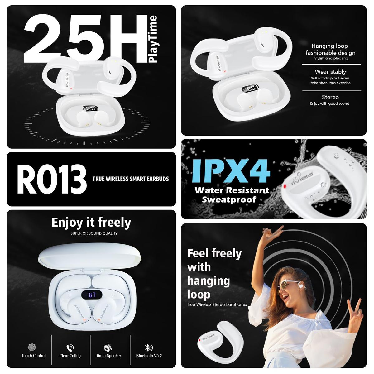Riviera R013 Earbuds with 25H Music Playtime 5.2 Bluetooth Earbuds with Built-in Mic, IPX4 Waterproof Headset LED Display for Sport, Workouts, Running, Cycling(White), photo 6 of 6