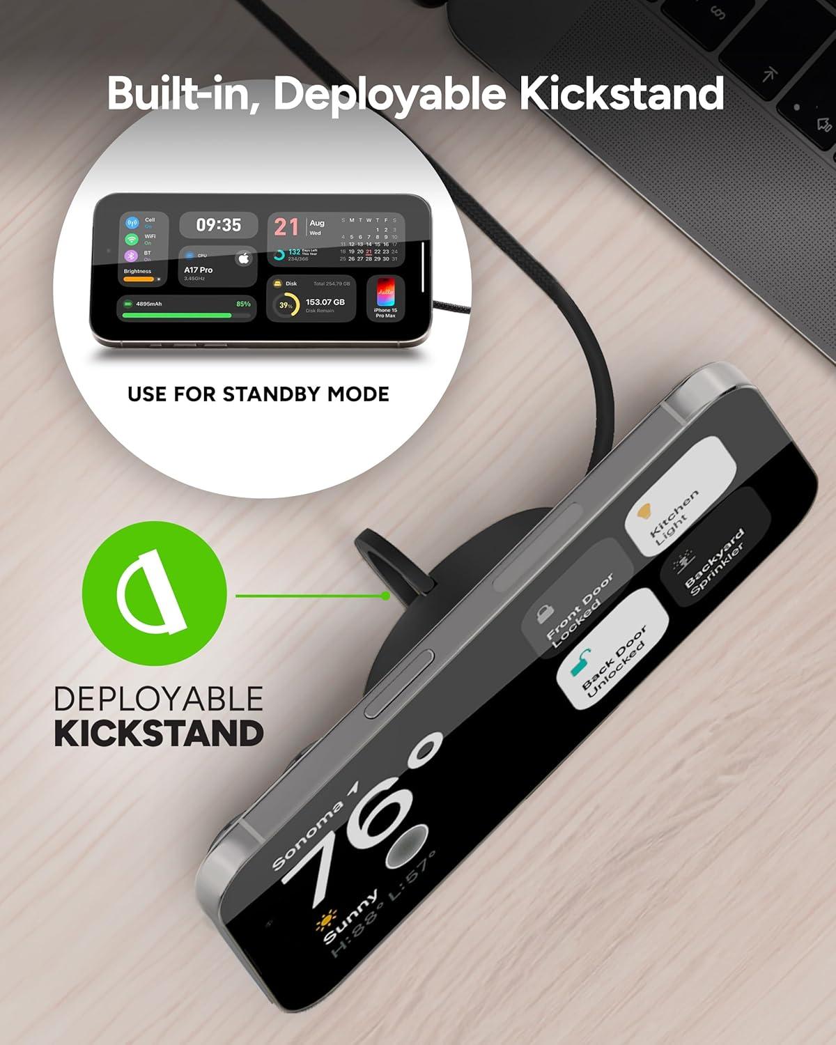 Mophie 15W Wireless Charging Pad with Kickstand - MagSafe and Qi2 Compatible for iPhone 16/15/14/13/12, AirPods Pro (2nd & 3rd Gen), Compact Travel Design with Integrated Cable, Black, photo 5 of 7