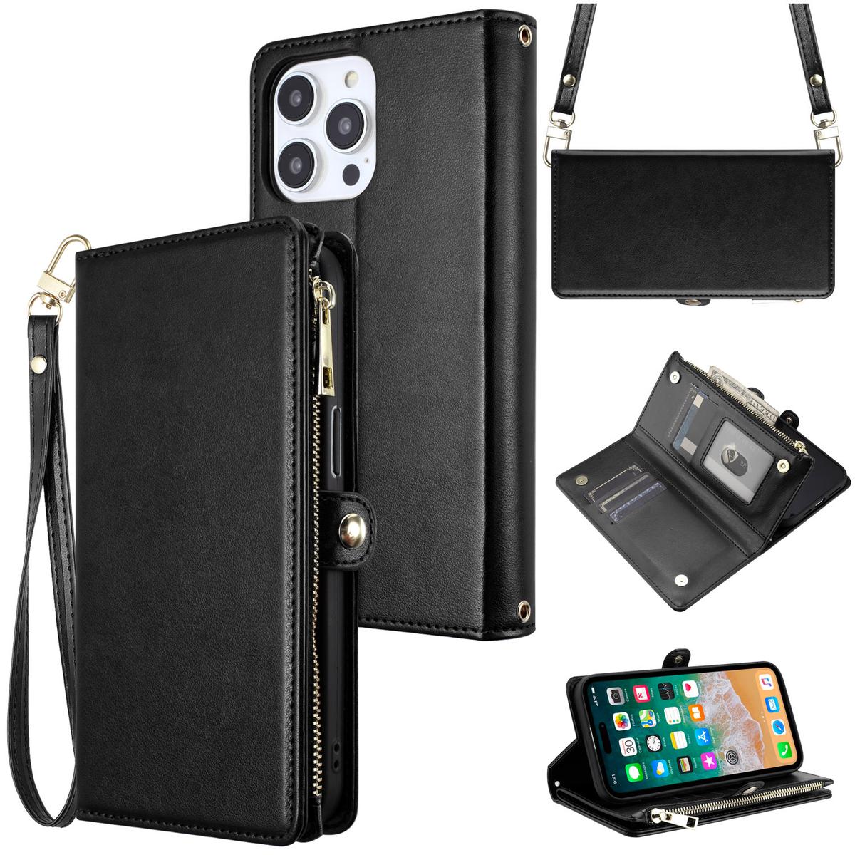 iPhone 15 Purse Style Wallet Card ID Money Holder with Zip containing Long & Short Lanyard - Black