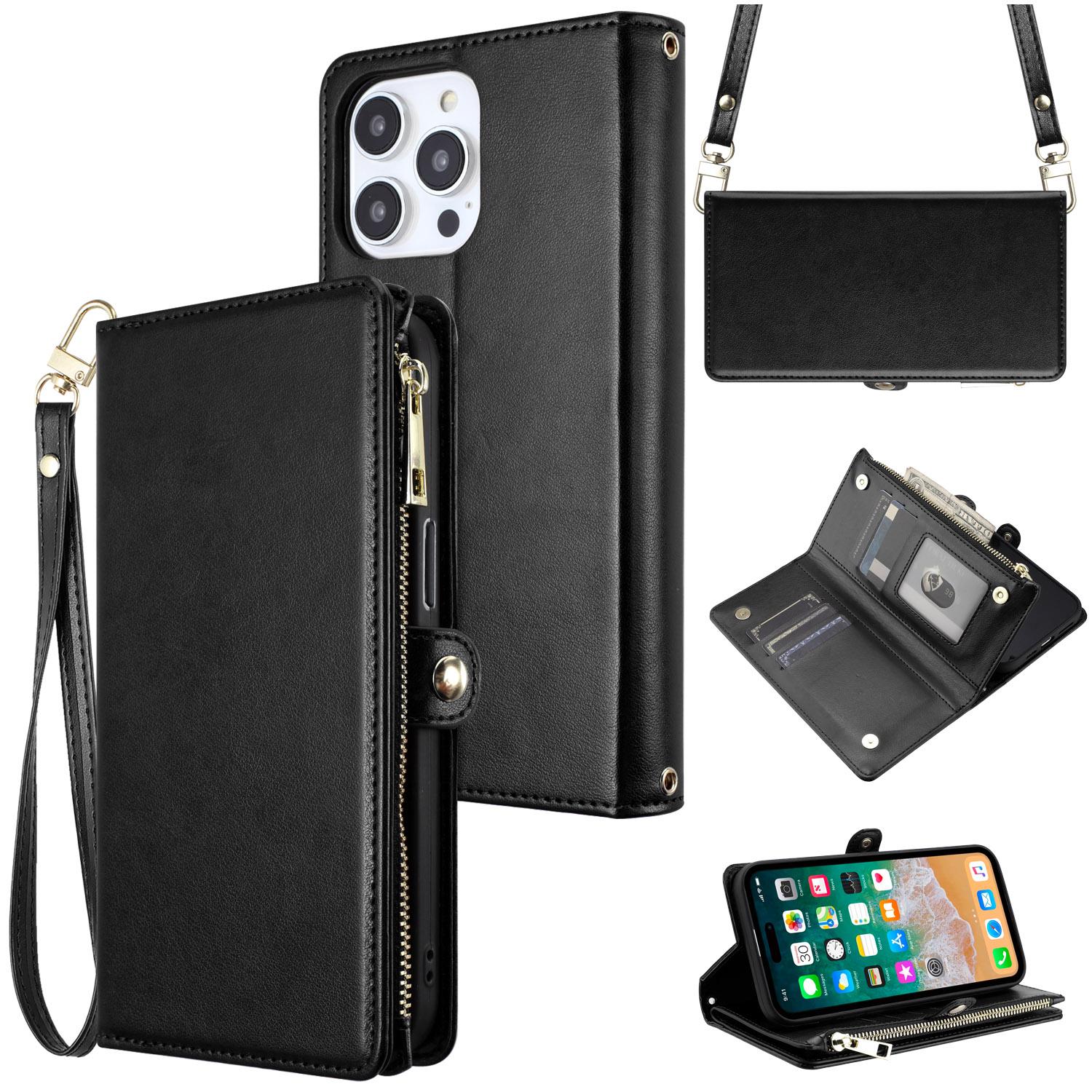 iPhone 15 Purse Style Wallet Card ID Money Holder with Zip containing Long & Short Lanyard - Black