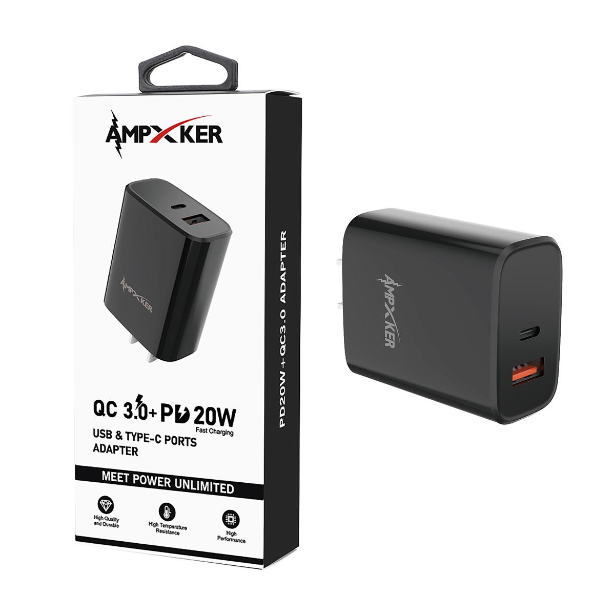 USB & Type C - Dual Port - Adapter - QC 3.0 Amp + PD 20W - BLACK
