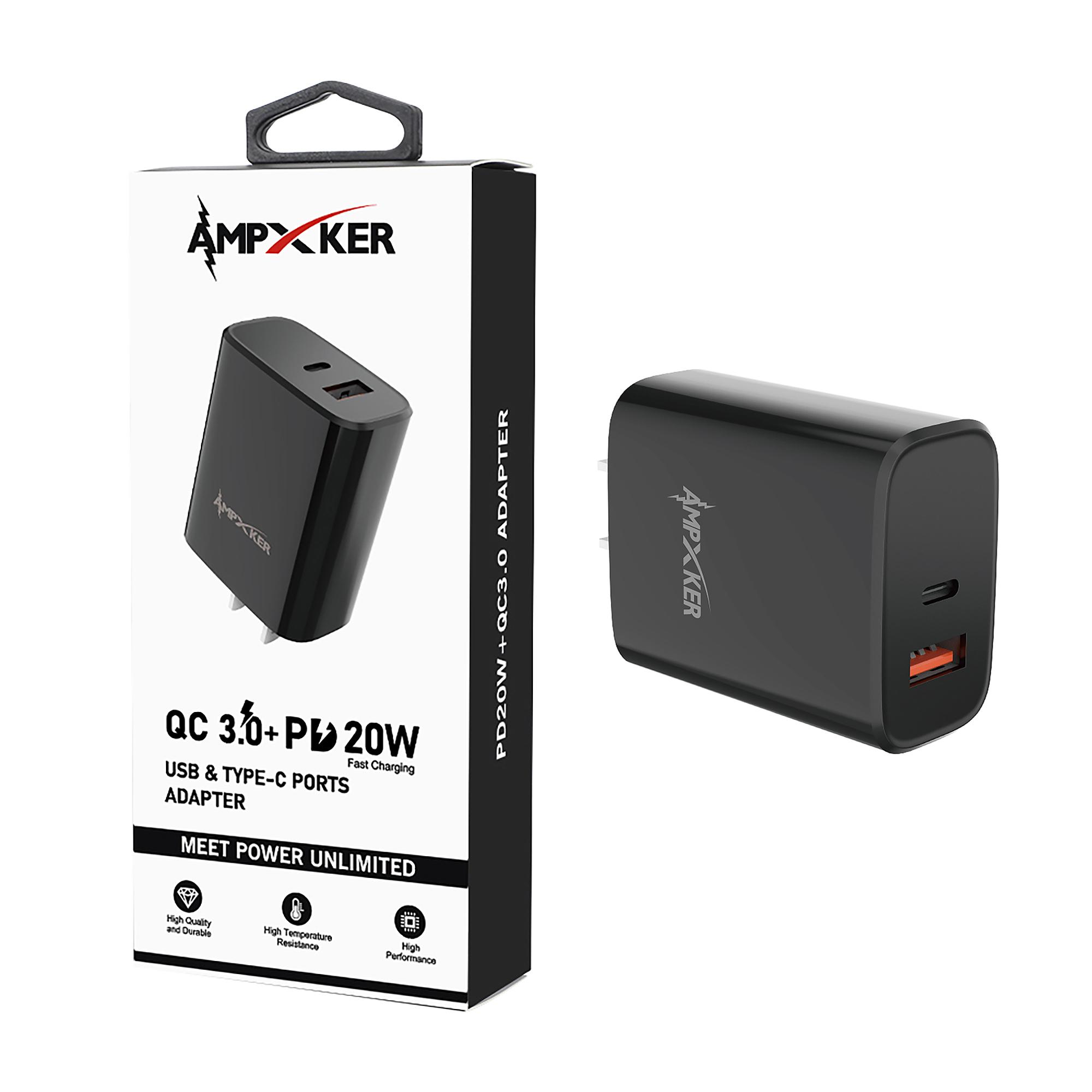USB & Type C - Dual Port - Adapter - QC 3.0 Amp + PD 20W - BLACK
