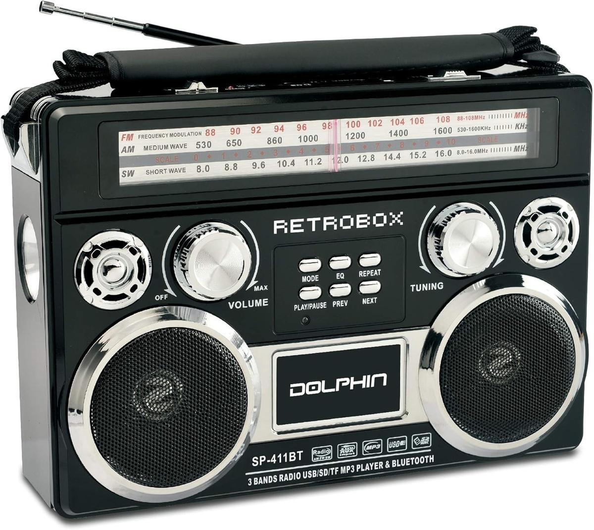 Dolphin SP-420BT Retrobox Solar Rechargeable AM/FM Shortwave World Radio Bluetooth Speaker