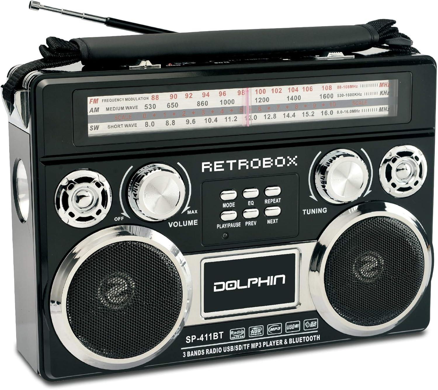 Dolphin SP-420BT Retrobox Solar Rechargeable AM/FM Shortwave World Radio Bluetooth Speaker