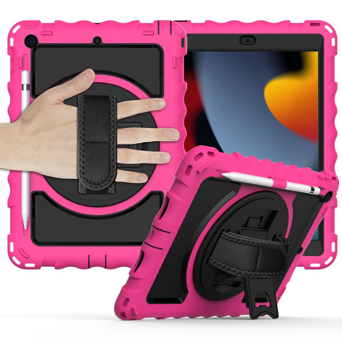 Apple iPad 9th 8th 7th Gen 10.2 inch Tablet Complete 360 Tough Hybrid Kickstand with Shoulder Hand Strap - Hot Pink