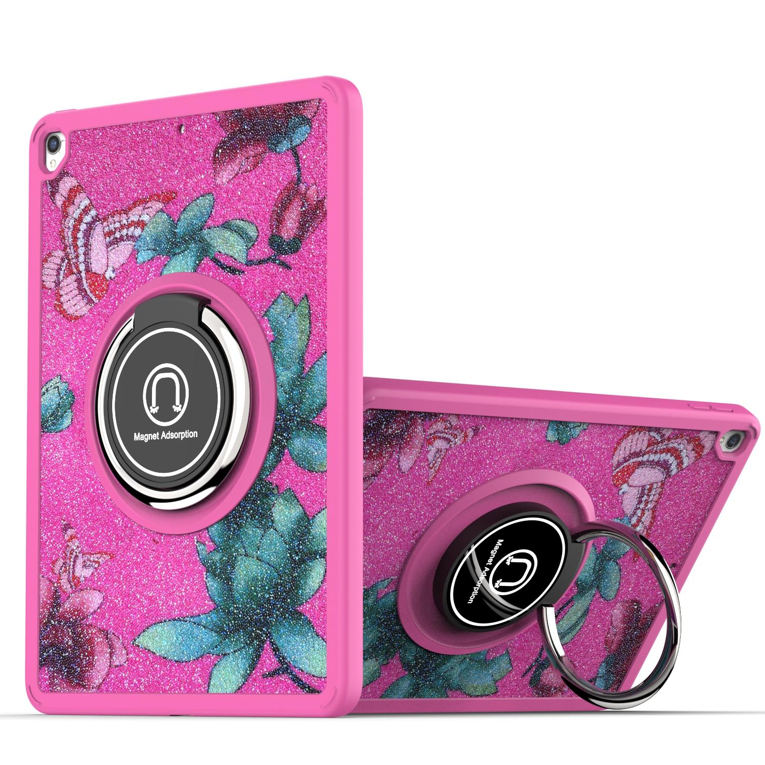 Apple iPad 9th Gen 10.2 inch (2021) Diamond Bling Design Tablet Magnetic Ring Stand Hybrid Case Cover - Hot Pink Floral
