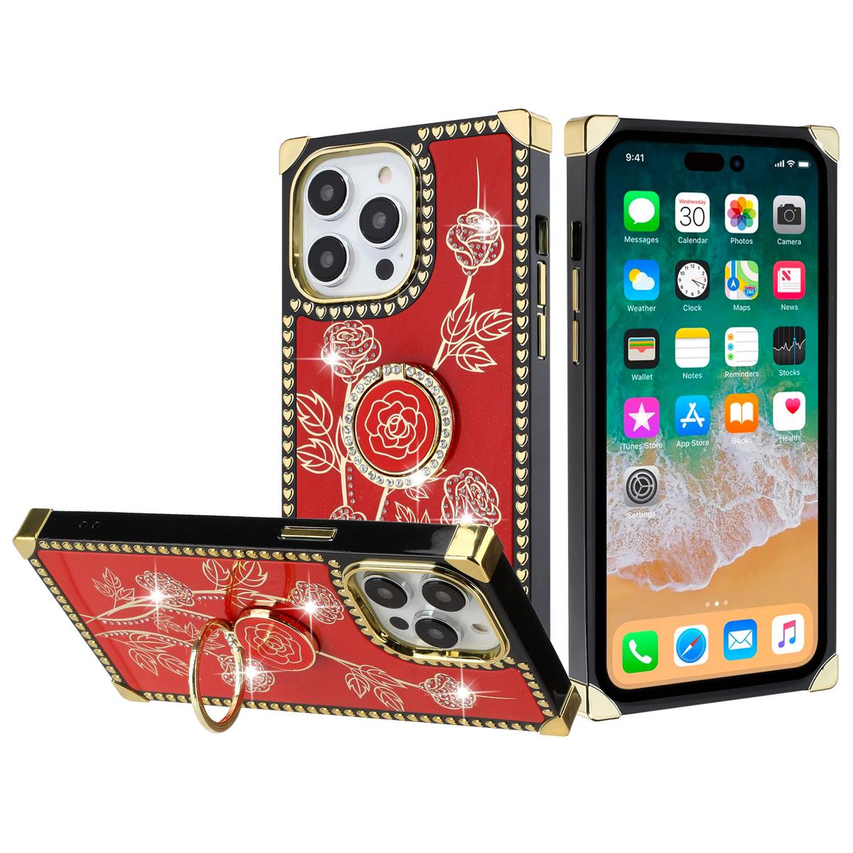iPhone 15 Square Passion Hearts Bling Glitter Floral Ring Stand Case Cover - Red