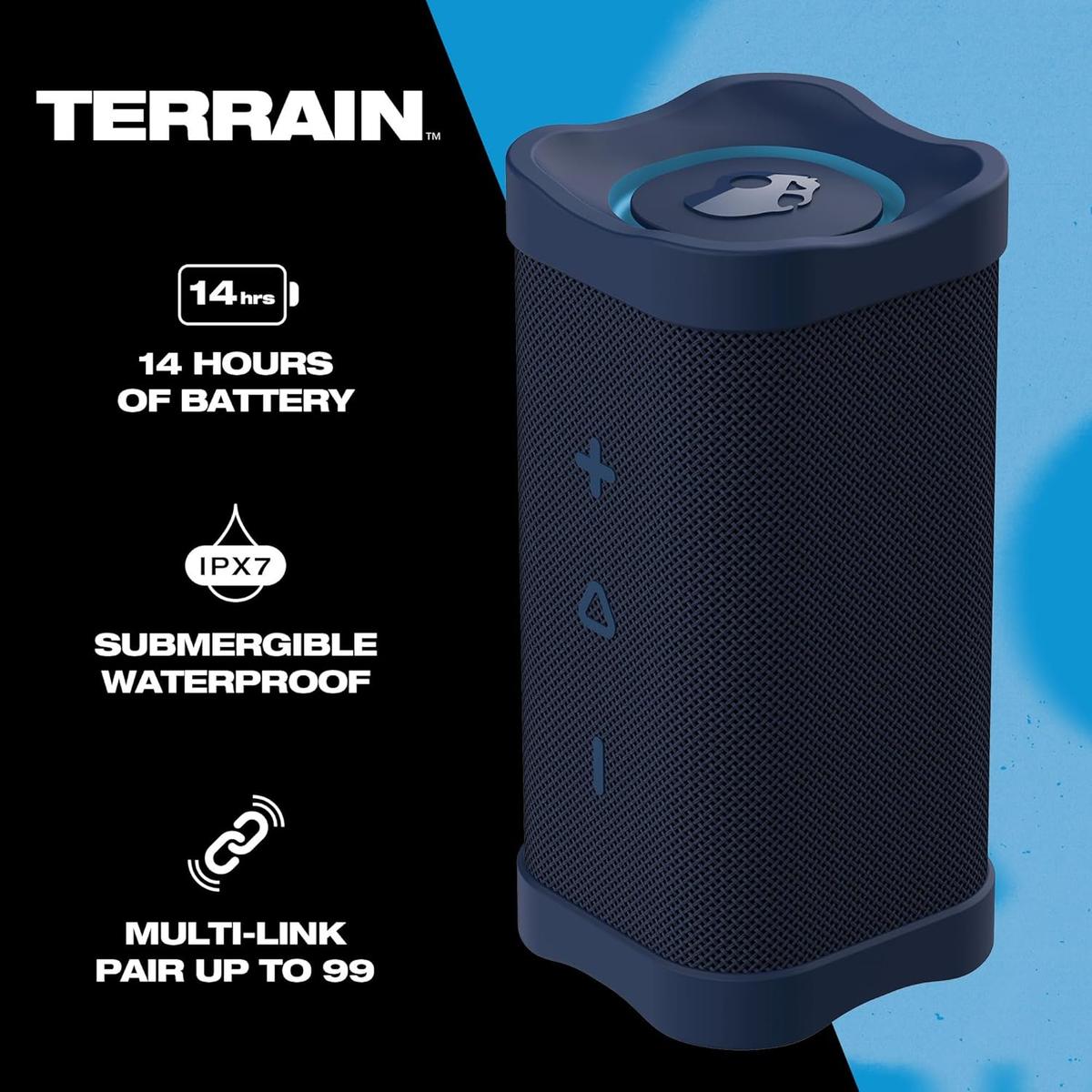 Skullcandy Terrain Wireless Bluetooth Speaker - IPX7 Waterproof Portable Speaker with Dual Custom Passive Radiators, 14 Hour Battery, Nylon Wrist Wrap, & True Wireless Stereo