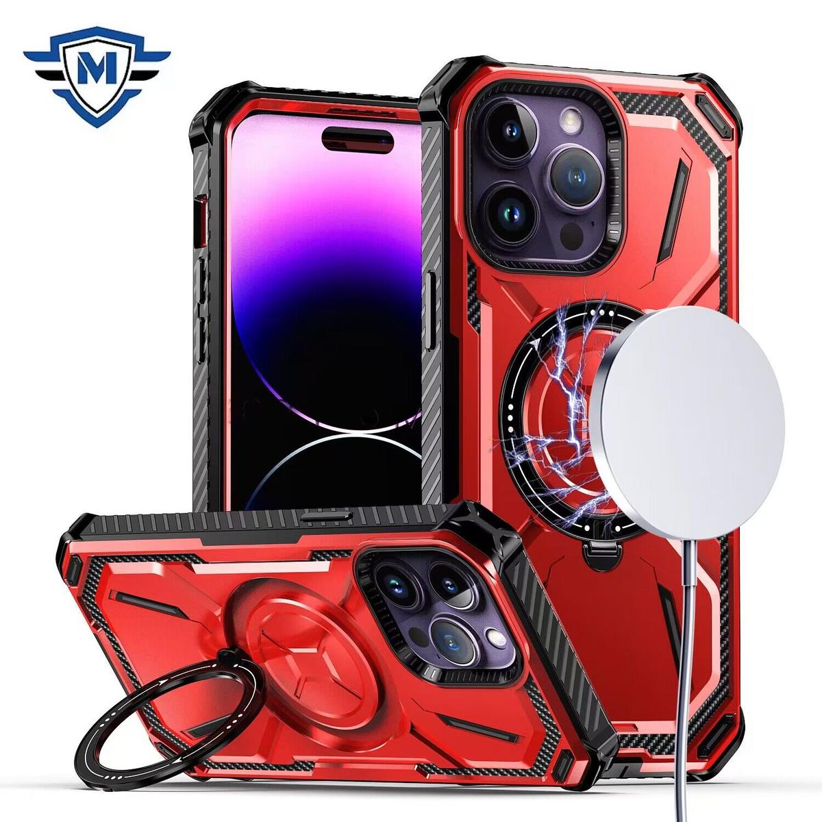 iPhone 15 METKASE Magnetic Ring Stand Premium Ultra Rugged ShockProof Hybrid in Slide-Out Package - Red