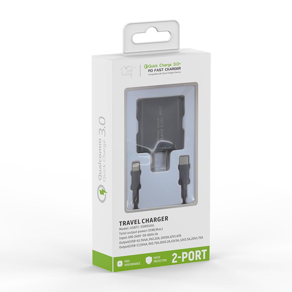 2-IN-1 35W PD Fast Type C&USB Dual Ports Wall Charger+Type C to 8 pin Cable in Black, photo 2 of 2
