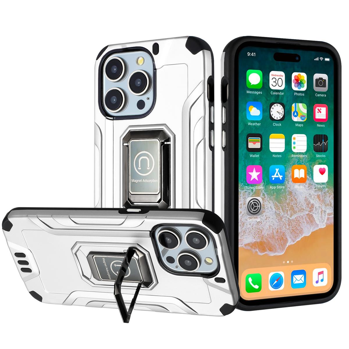 iPhone 15 Strong Tough Metallic Design Hybrid Premium Kicstand - Silver