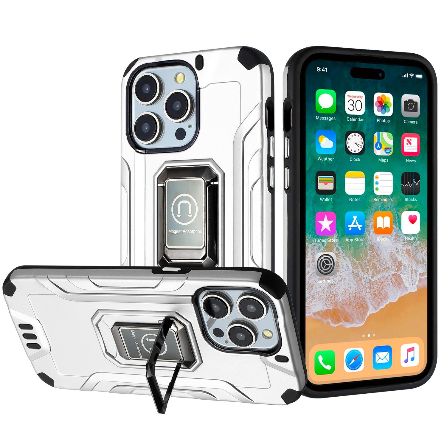 iPhone 15 Strong Tough Metallic Design Hybrid Premium Kicstand - Silver