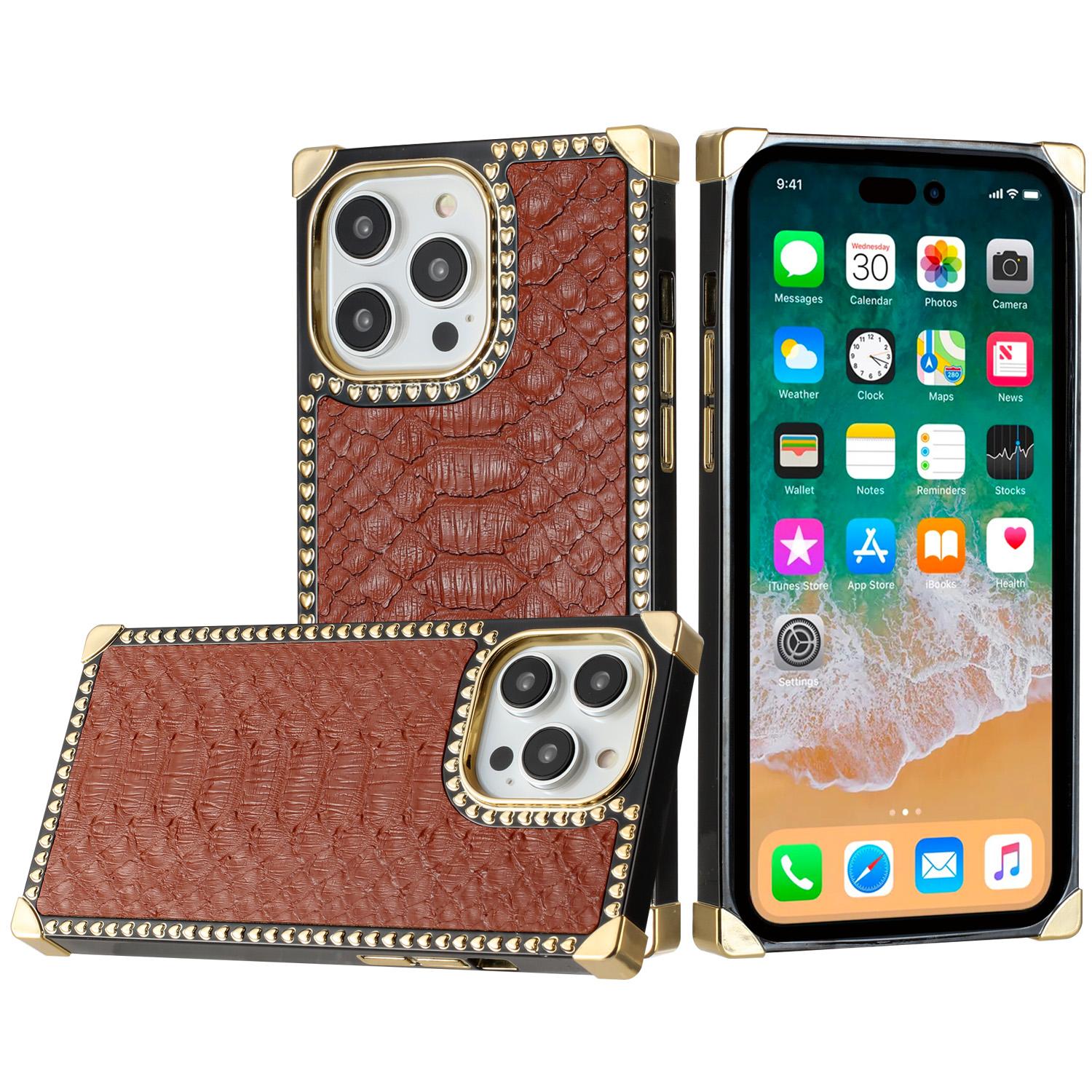 iPhone 15 Premium PU Leather Square Heart Hybrid Case - Brown
