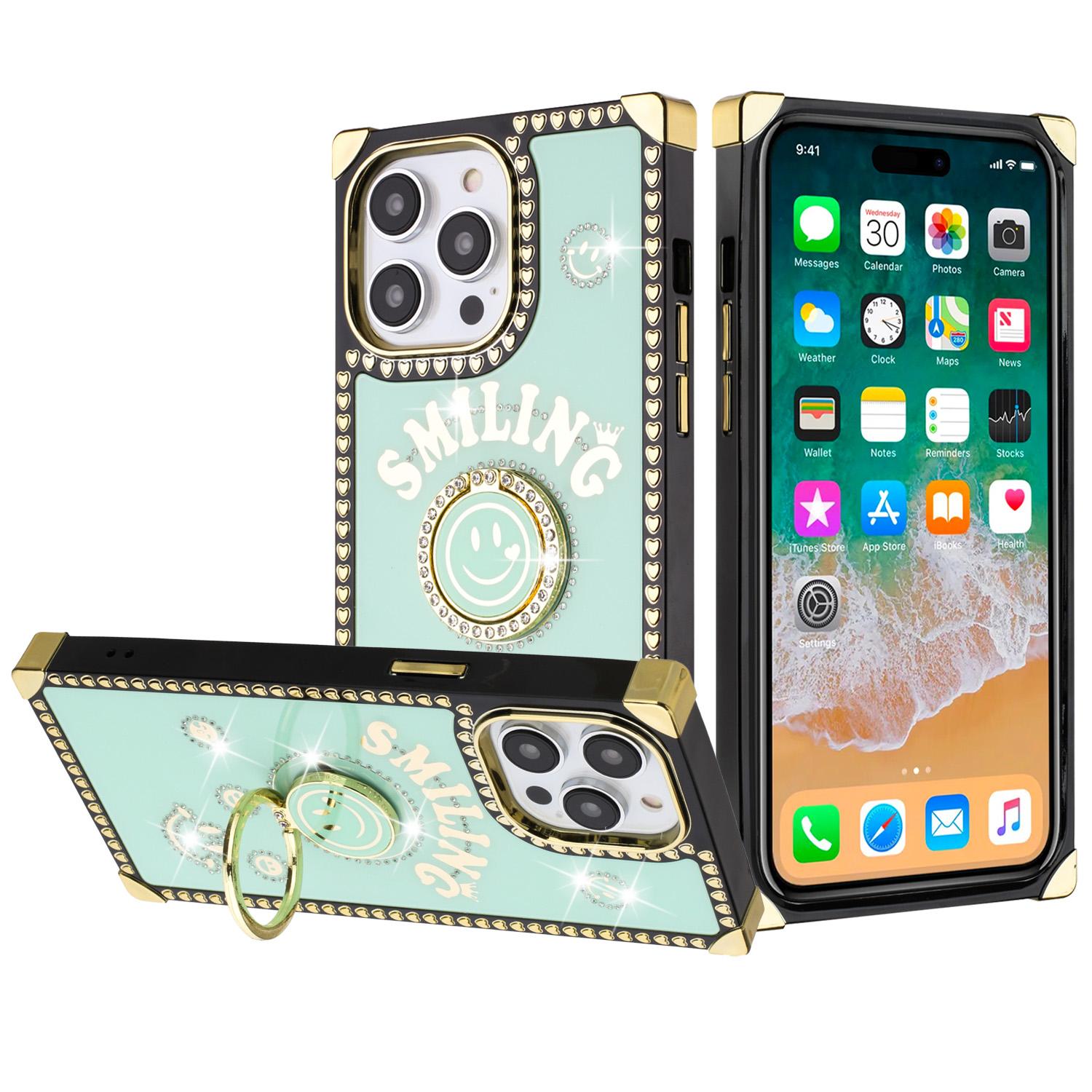 iPhone 15 Passion Square Hearts Smiling Diamond Ring Stand Case Cover - Teal