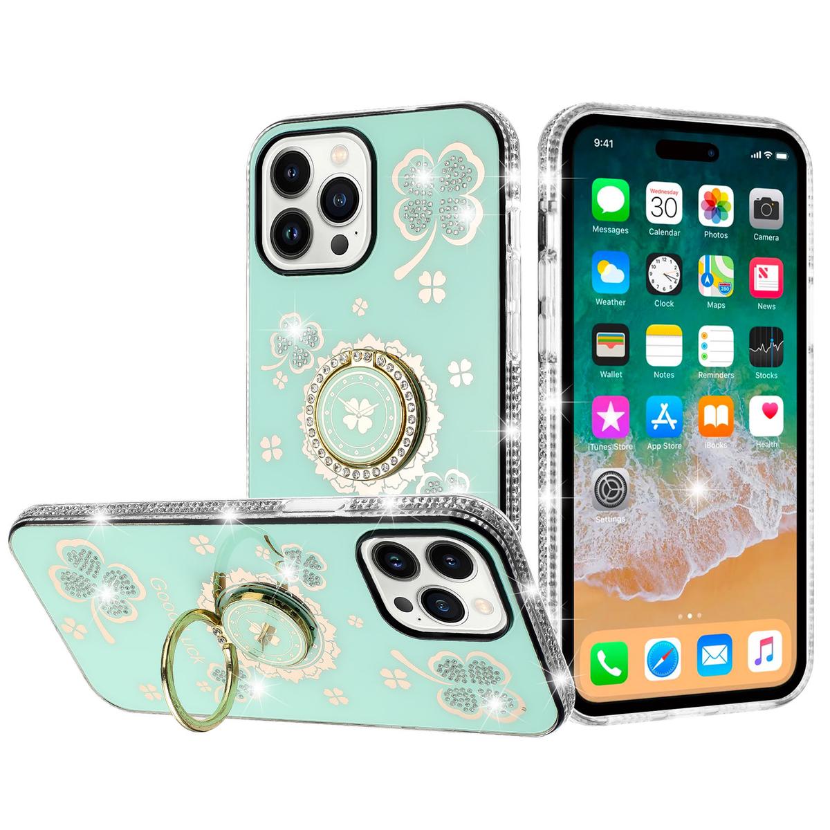 iPhone 15 Splendid Glitter with Diamonds All Around Edges Ring Stand Case Cover - Teal