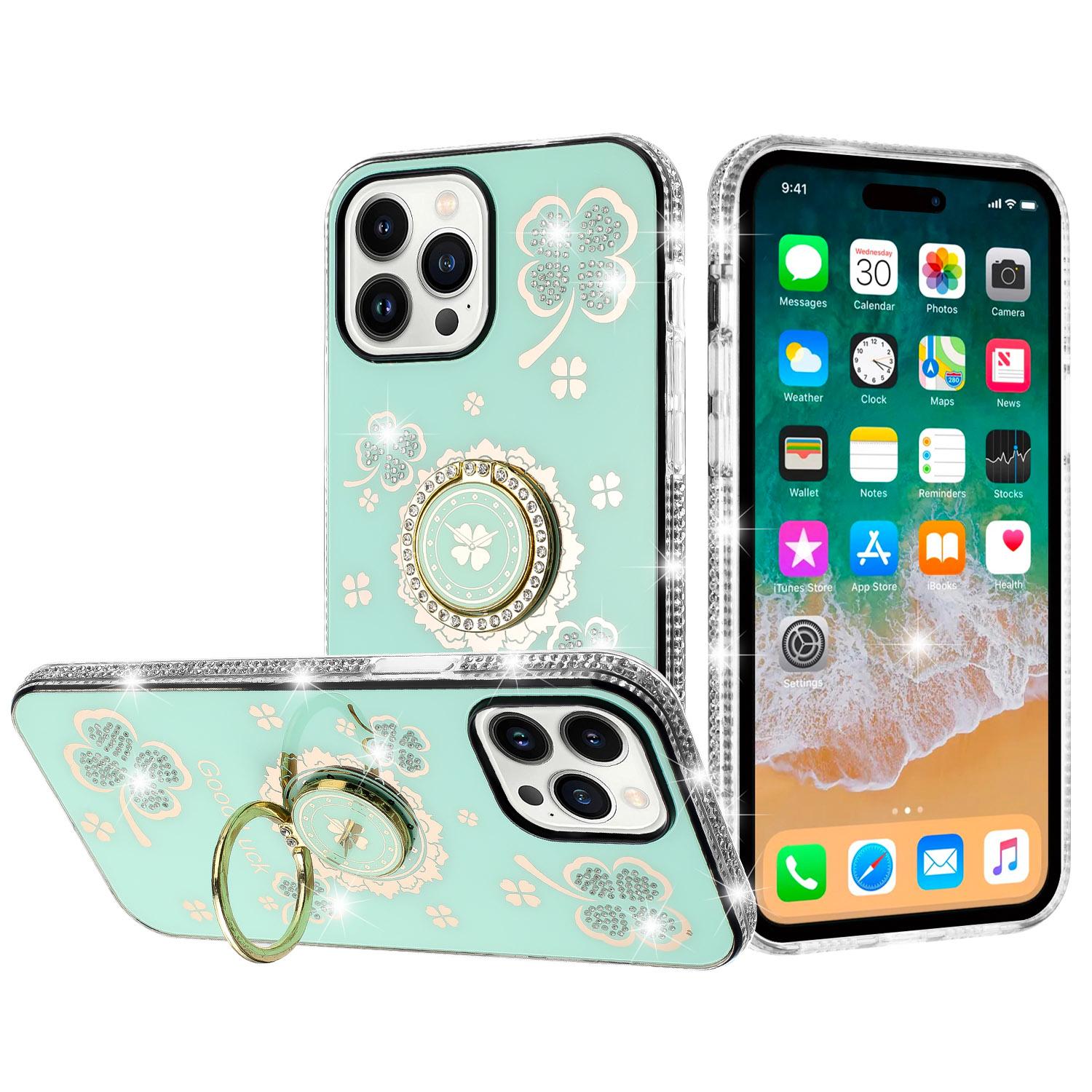 iPhone 15 Splendid Glitter with Diamonds All Around Edges Ring Stand Case Cover - Teal