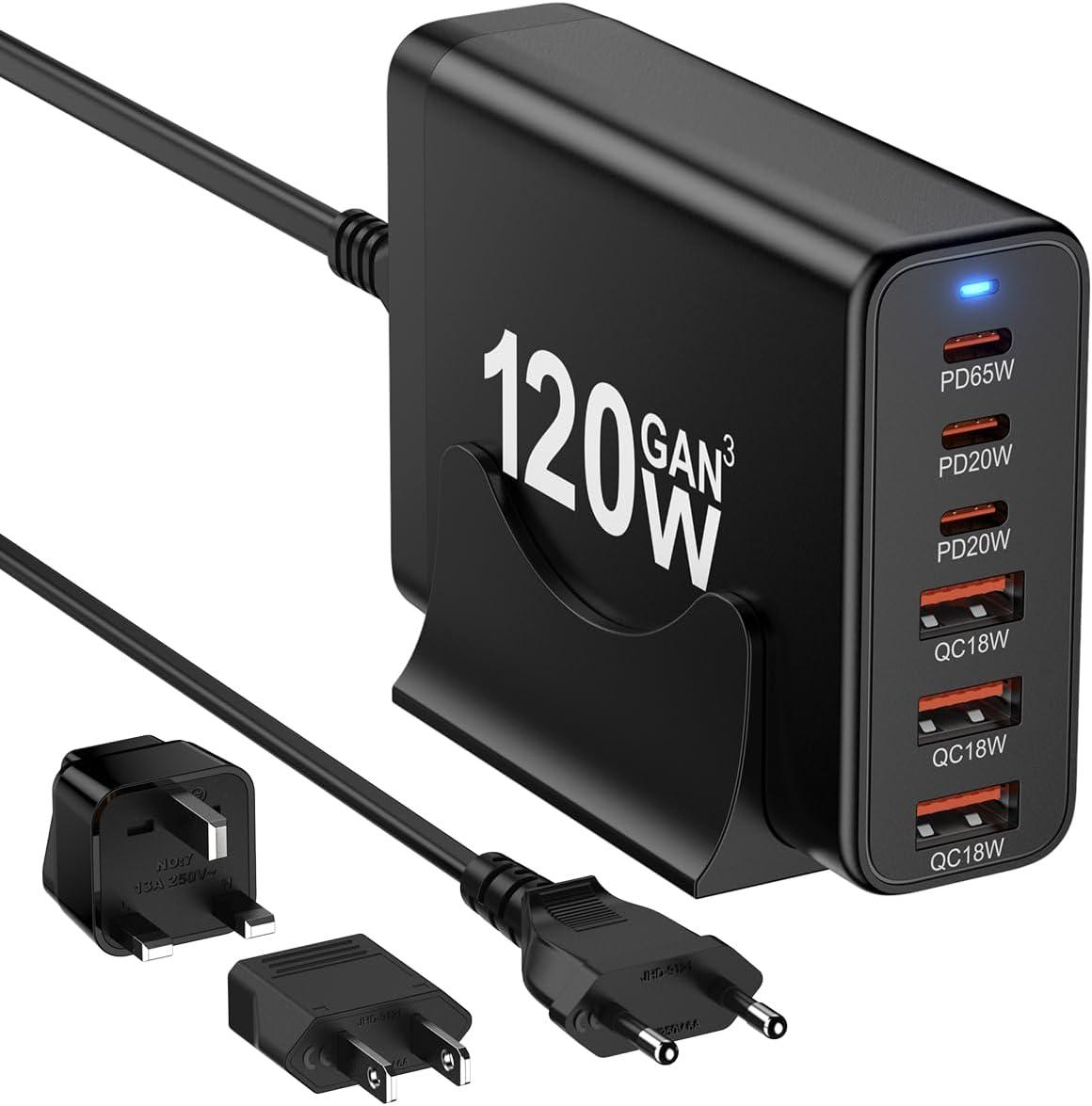 120W GaN 3 USB-C & USB-A Fast Charger with Multi-Plug Adapter