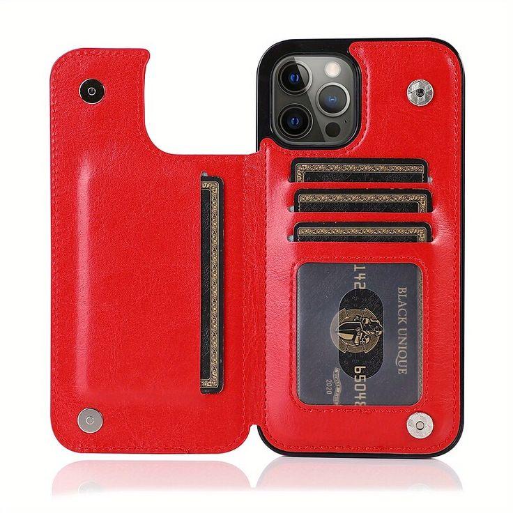 iPhone 13 Pro (6.1 Only) Luxury Vertical Magnetic Button Card ID Holder PU Leather Case Cover -Red