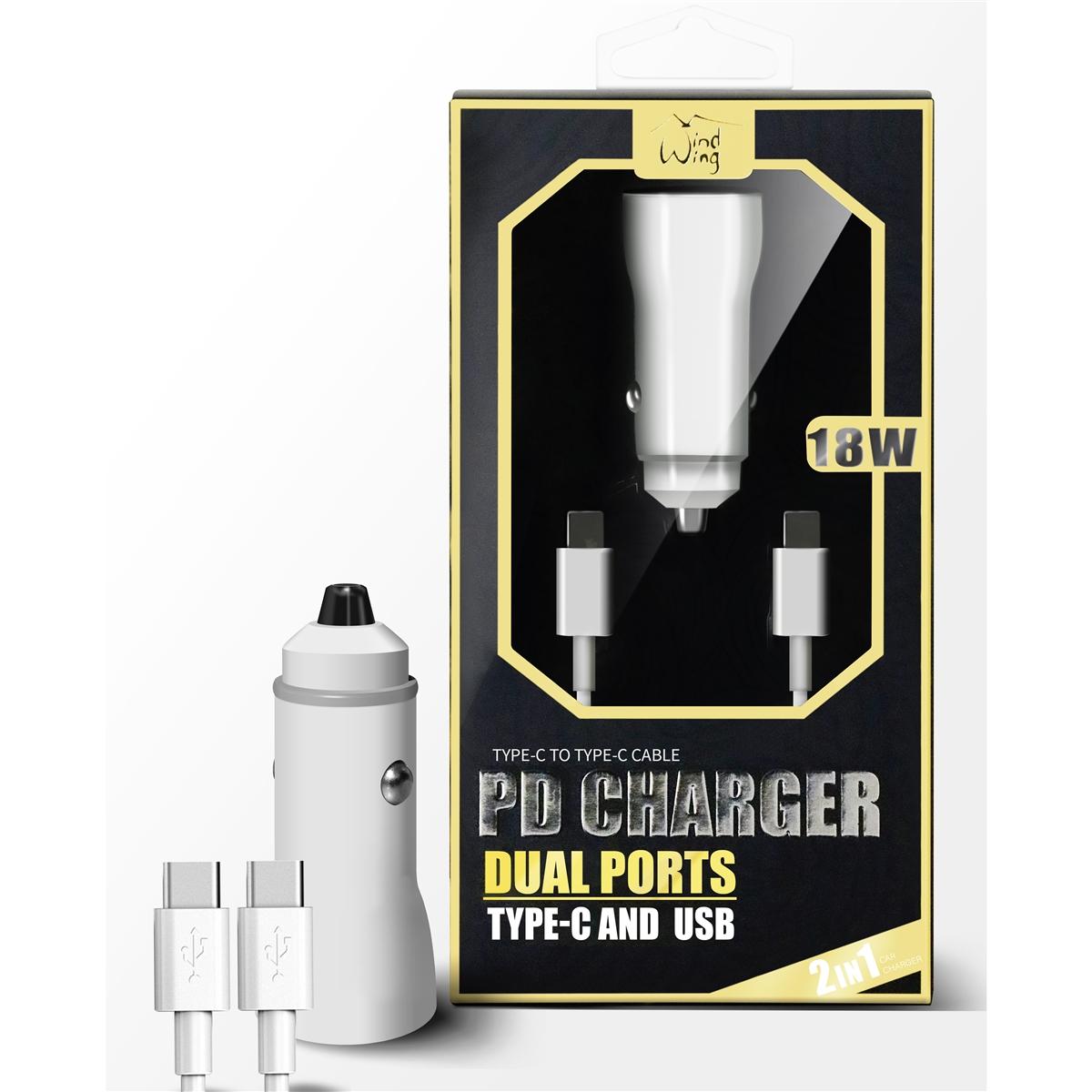 2-IN-1 18W PD Fast Type C&USB Dual Ports Car Charger+Type C to Type C Cable in White