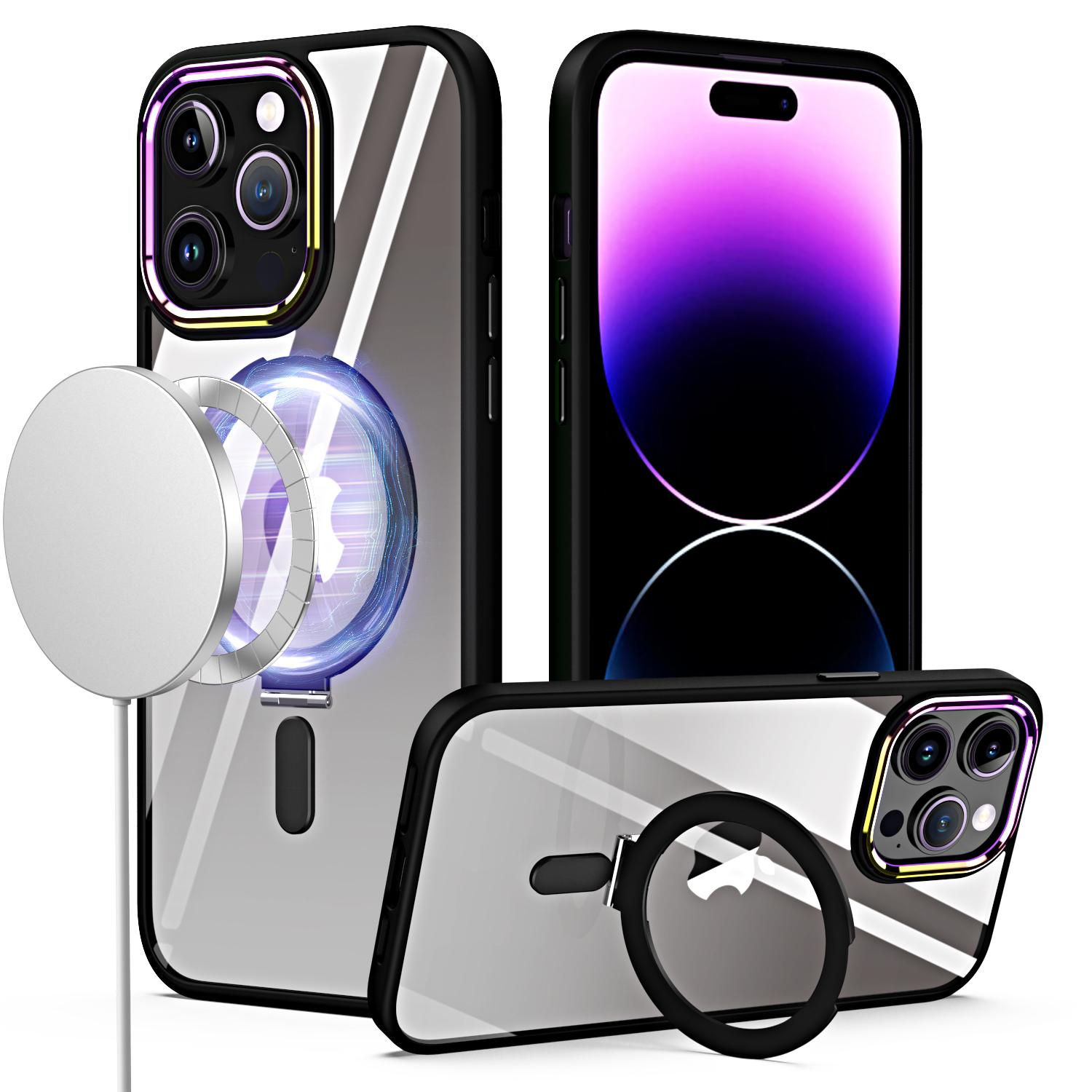 iPhone 15 Dazzle [Magnetic Circle] Kickstand Alloy Chrome Transparent Hybrid - Black