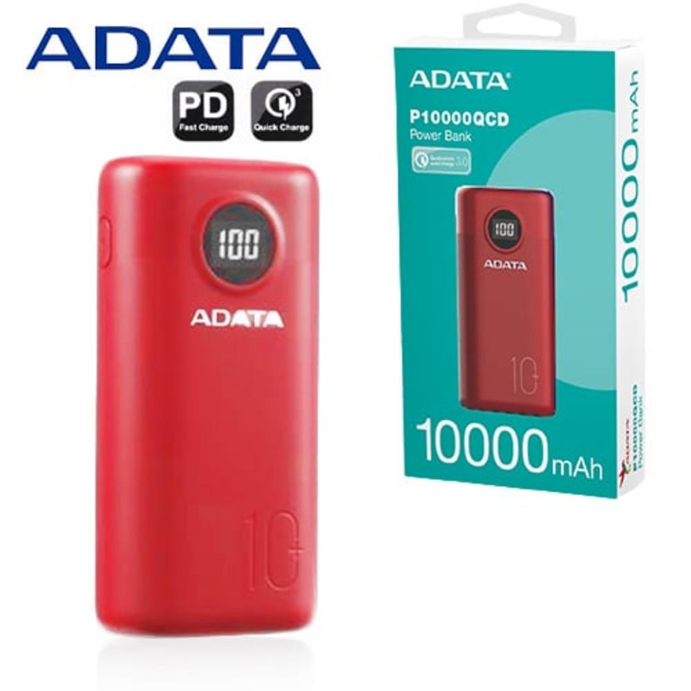 ADATA P10000QCD Power Bank, 10000mAh USB-C Input Port, Meets PSE Technical Standards, Qualcomm QC 3.0, Supports USB Power Delivery 3.0, USB-A to USB-C Cable, RED