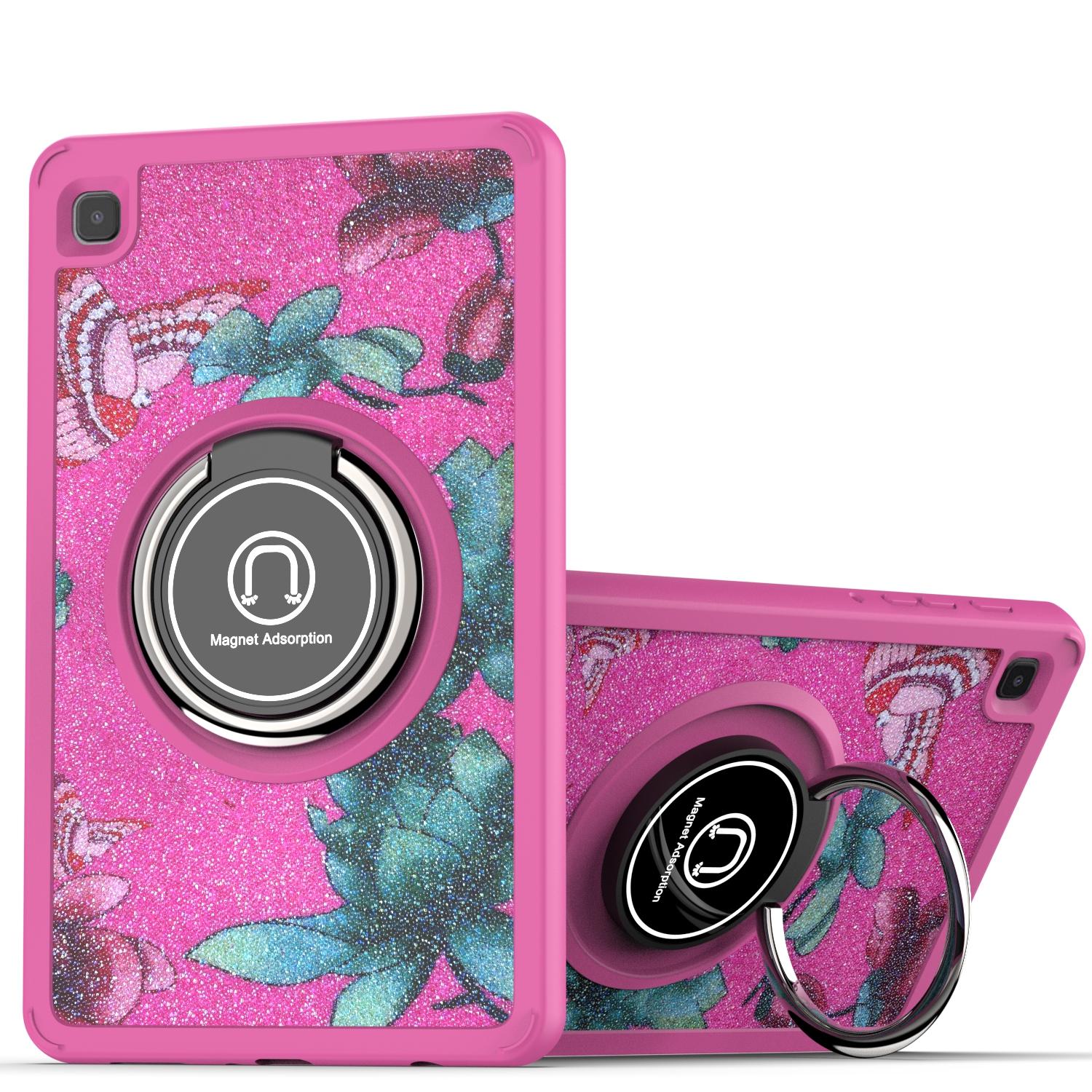 Samsung Galaxy Tab A7 Lite 8.7 inch Diamond Bling Design Tablet Magnetic Ring Stand Hybrid Case Cover - Hot Pink Floral