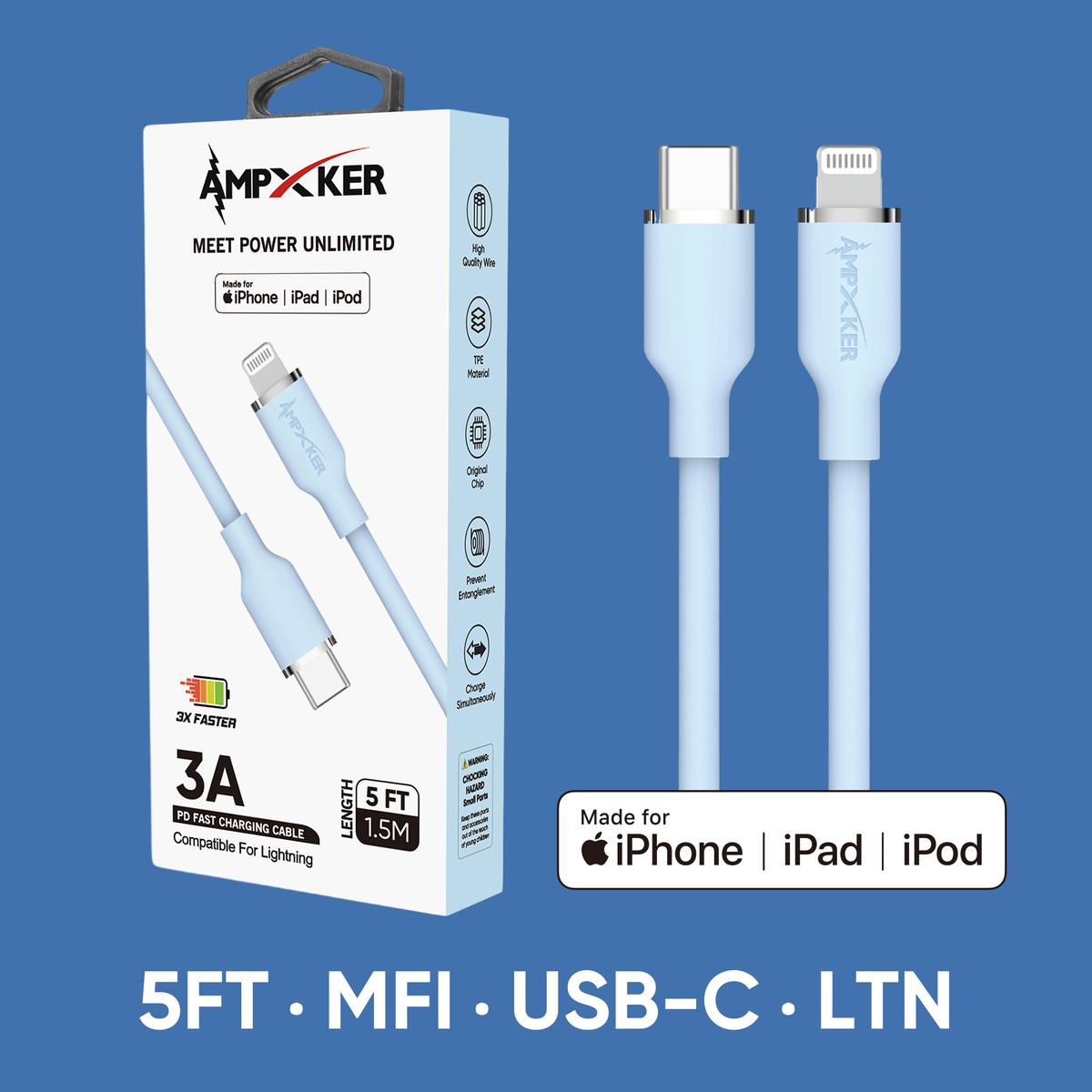 5 FT [TypeC - LIGHTNING] - MFI Apple Certified - 3A Fast Charging Silicone Cable - Blue