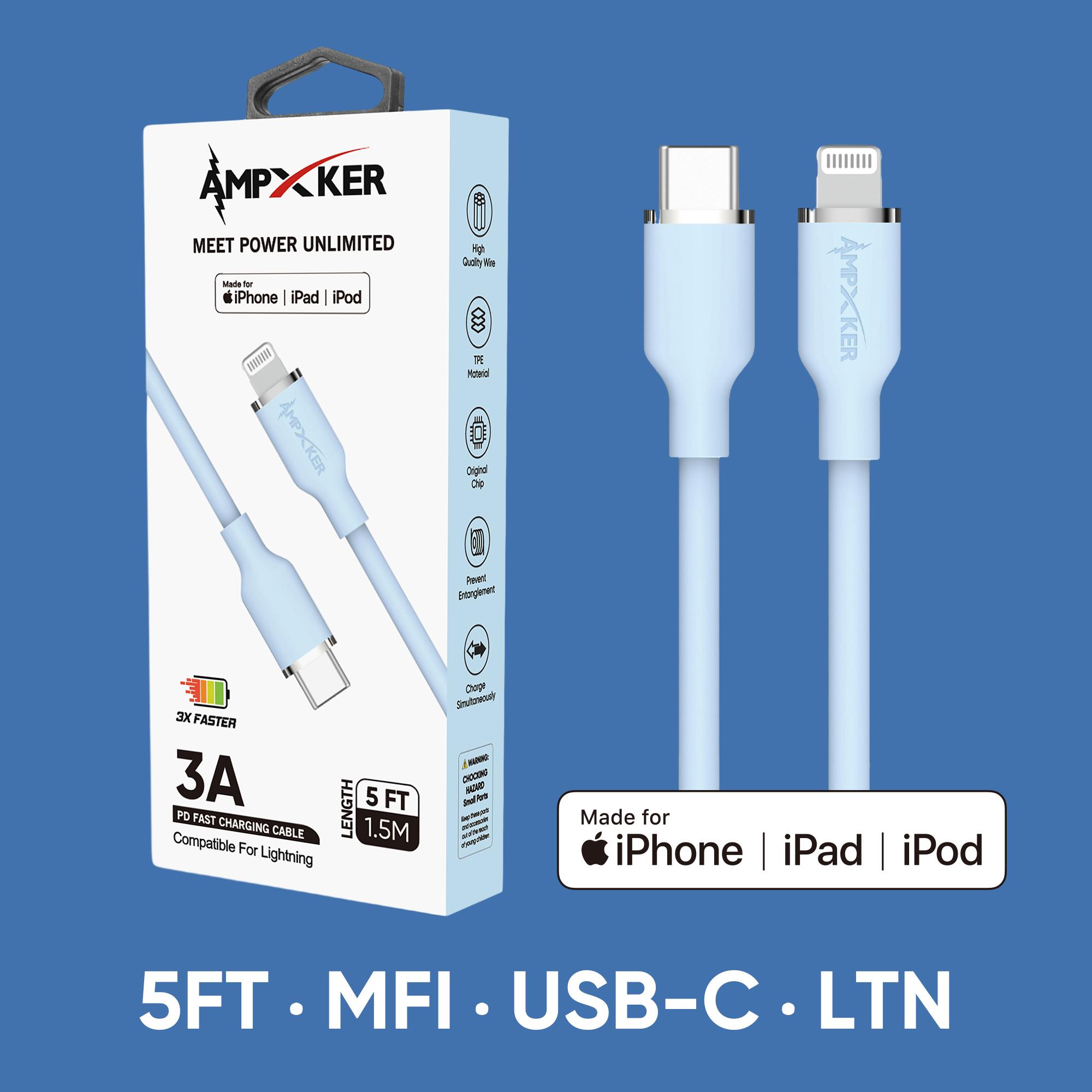 5 FT [TypeC - LIGHTNING] - MFI Apple Certified - 3A Fast Charging Silicone Cable - Blue
