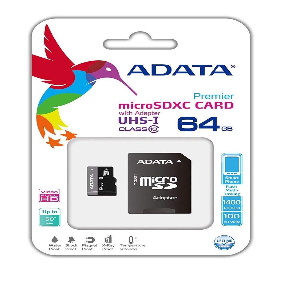 ADATA Premier 64GB microSDHC/SDXC UHS-I U1 Class 10 Memory Card with Adapter -Black