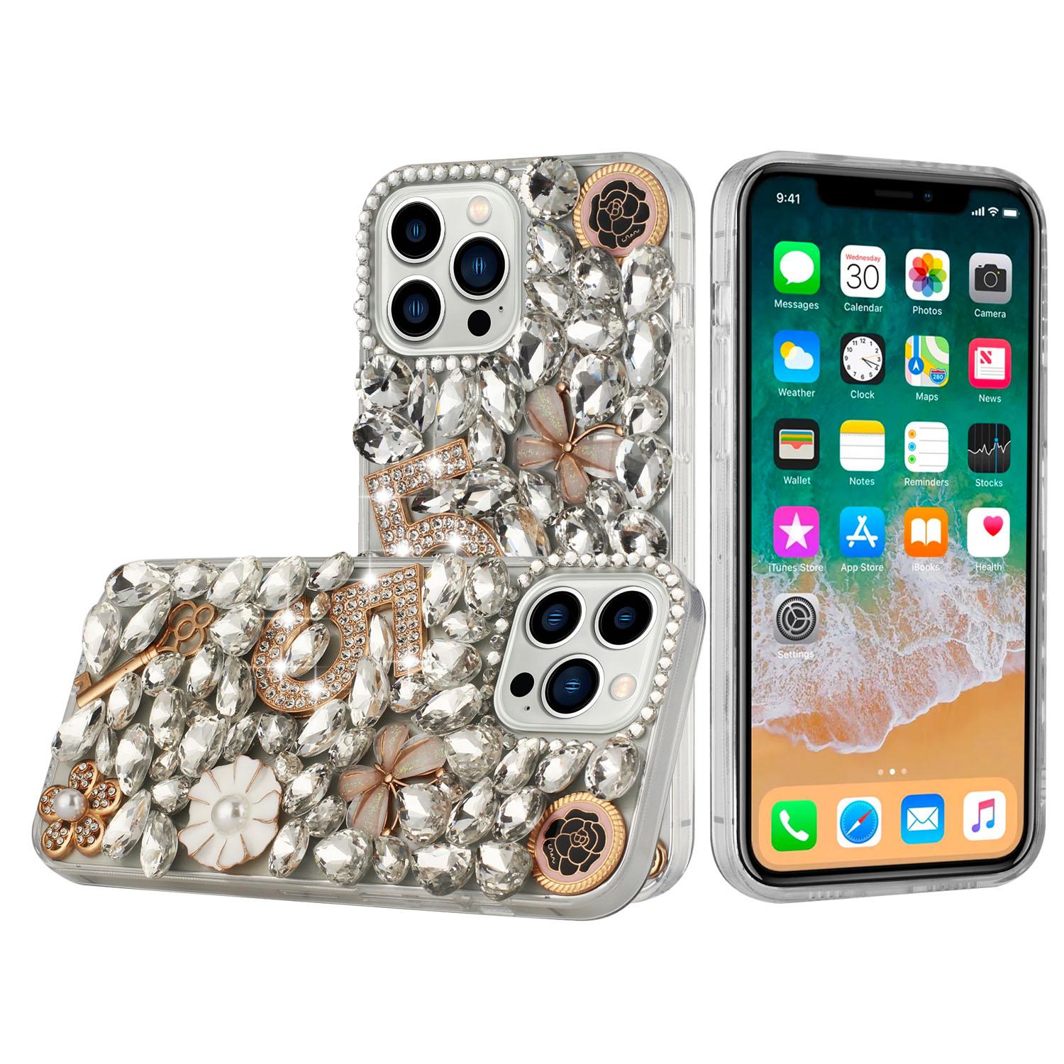 iPhone 15 Full Diamond with Ornaments Case Cover - Crystal Five Ornament Floral