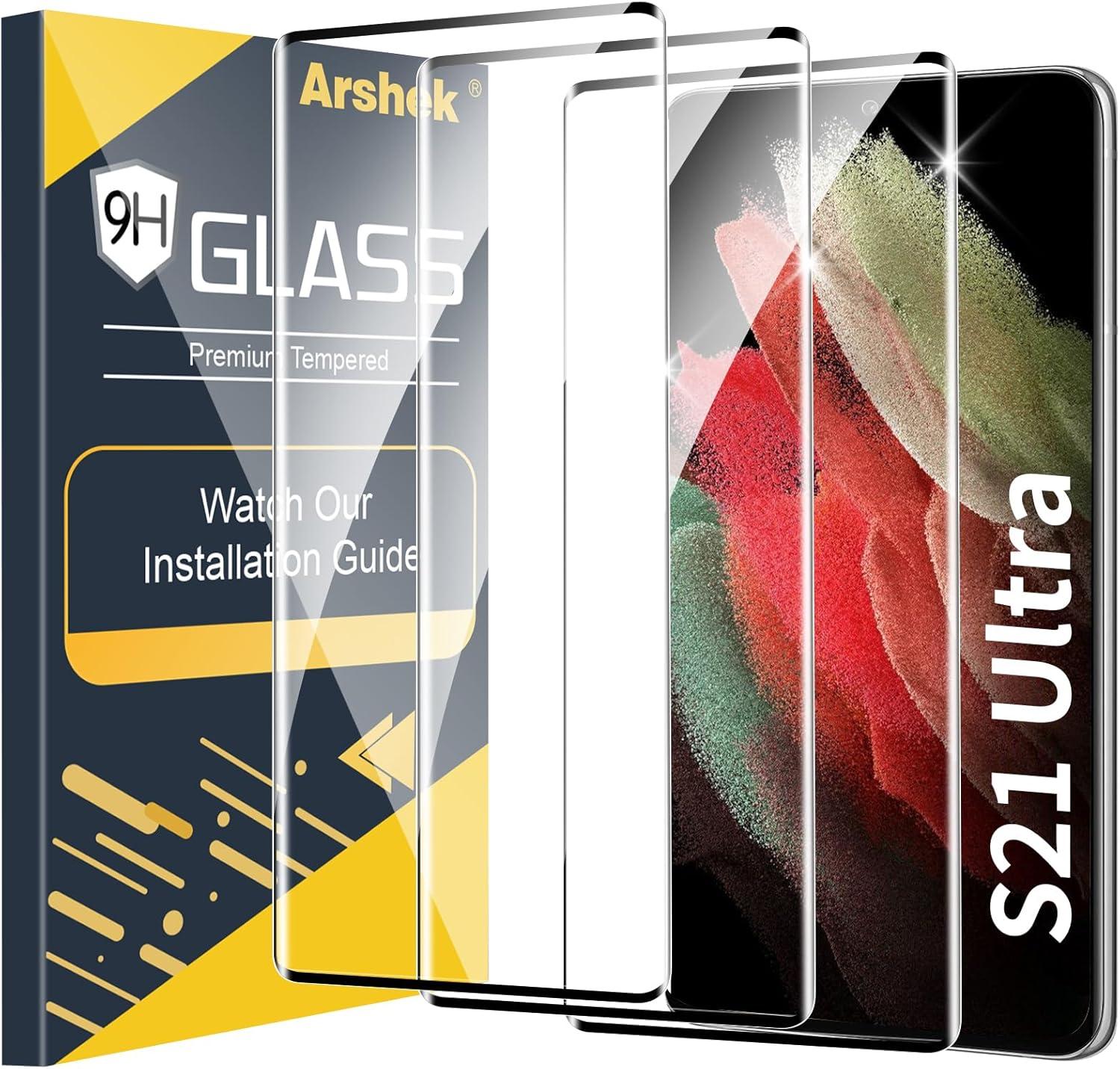 Pack of 3 Samsung Galaxy S21 Ultra Tempered Glass Screen Protectors – Case Friendly, HD Clear & Bubble-Free Application