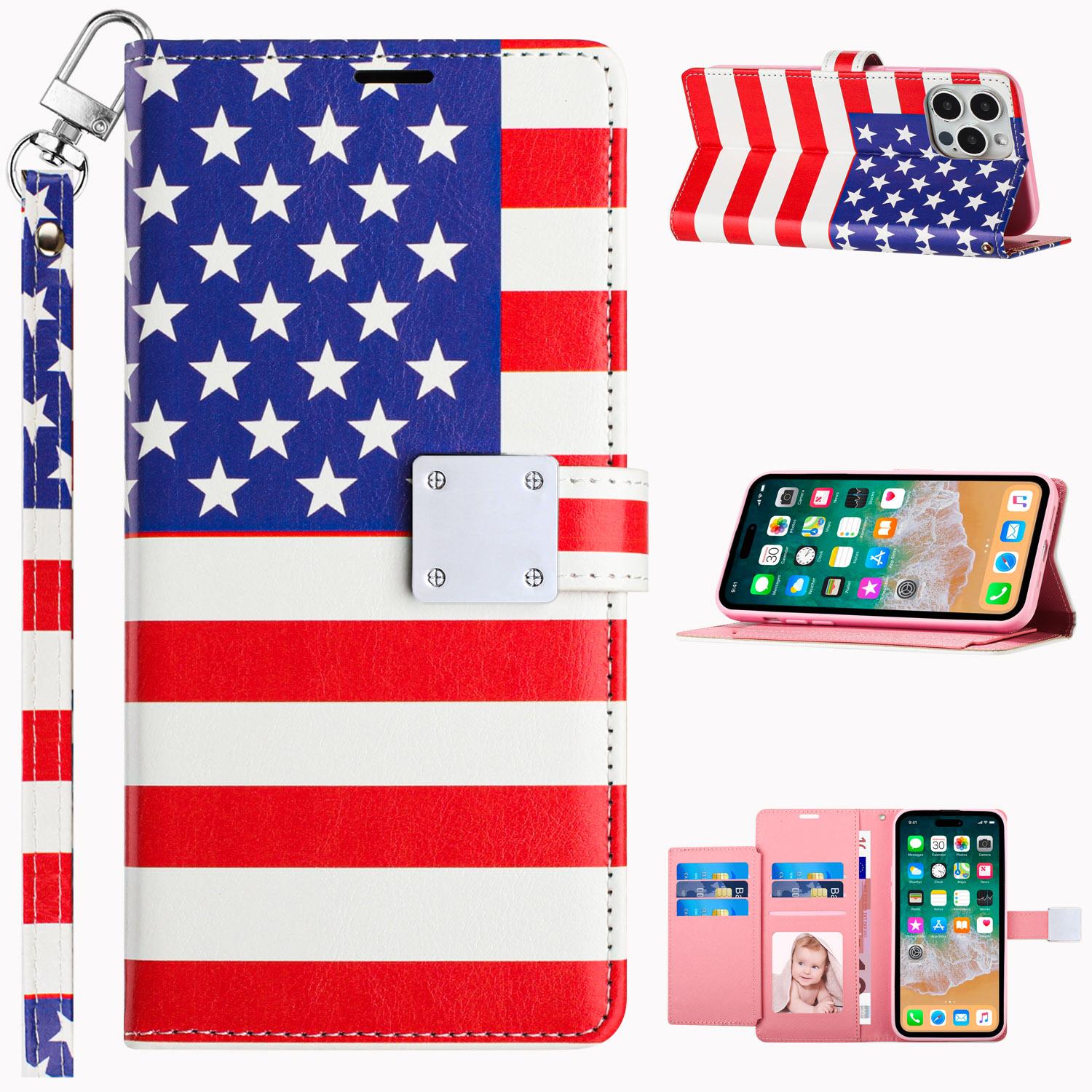 iPhone 15 Design Wallet ID Credit Card Money Holder with Magnetic Metal Closure including Lanyard - American Flag