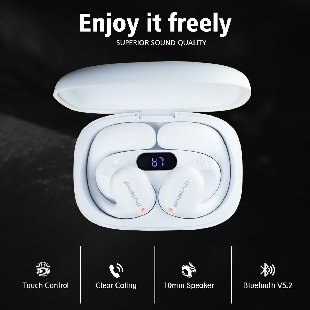 Riviera R013 Earbuds with 25H Music Playtime 5.2 Bluetooth Earbuds with Built-in Mic, IPX4 Waterproof Headset LED Display for Sport, Workouts, Running, Cycling(White), photo 5 of 6