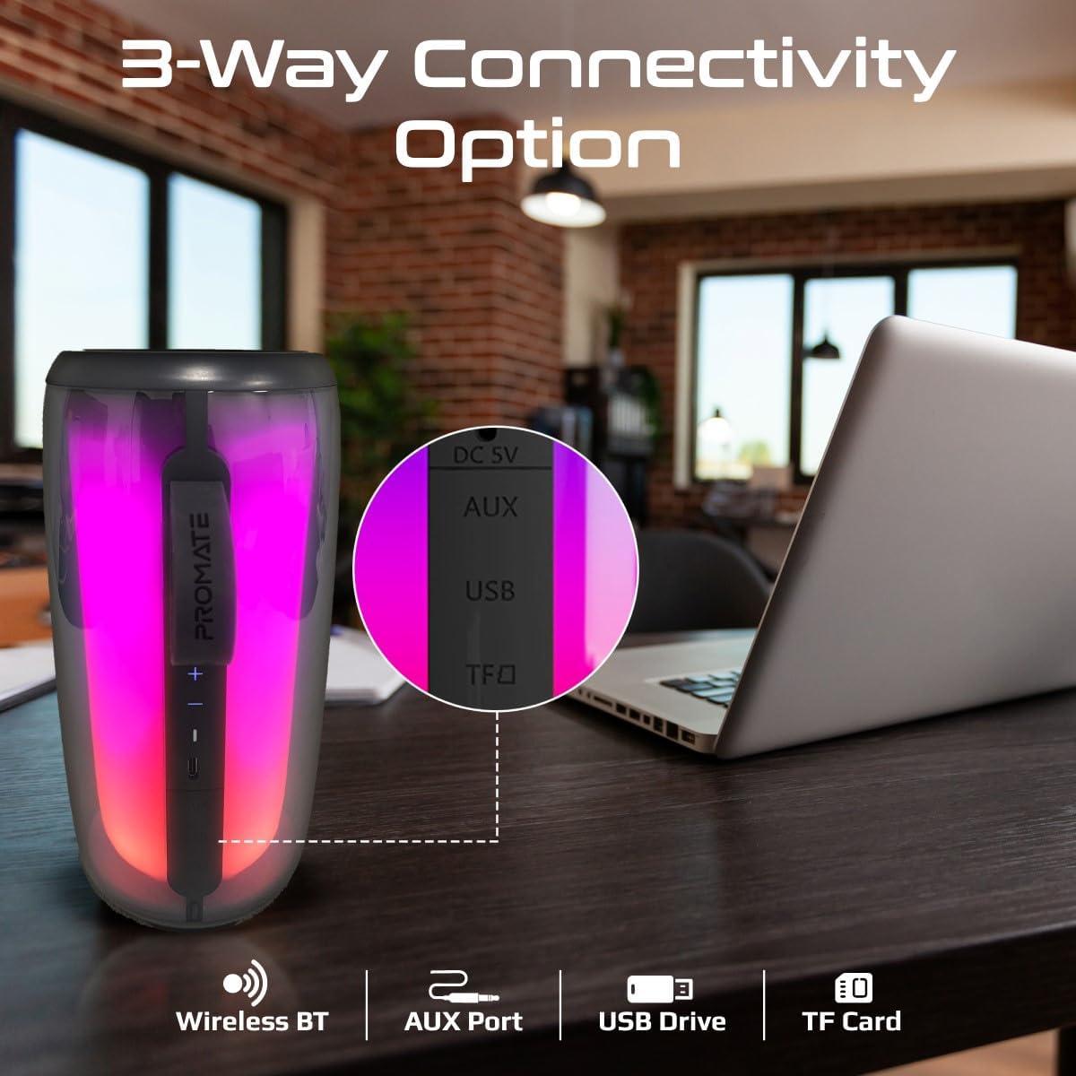 Promate Bluetooth Speaker, Premium 8W True Wireless Portable HD Speaker with RGB Lights, Bluetooth v5.3, Long Playtime, Quick Music Navigation, Water-Resistance, USB Port and TF Card Slot, LumiTower, photo 5 of 6