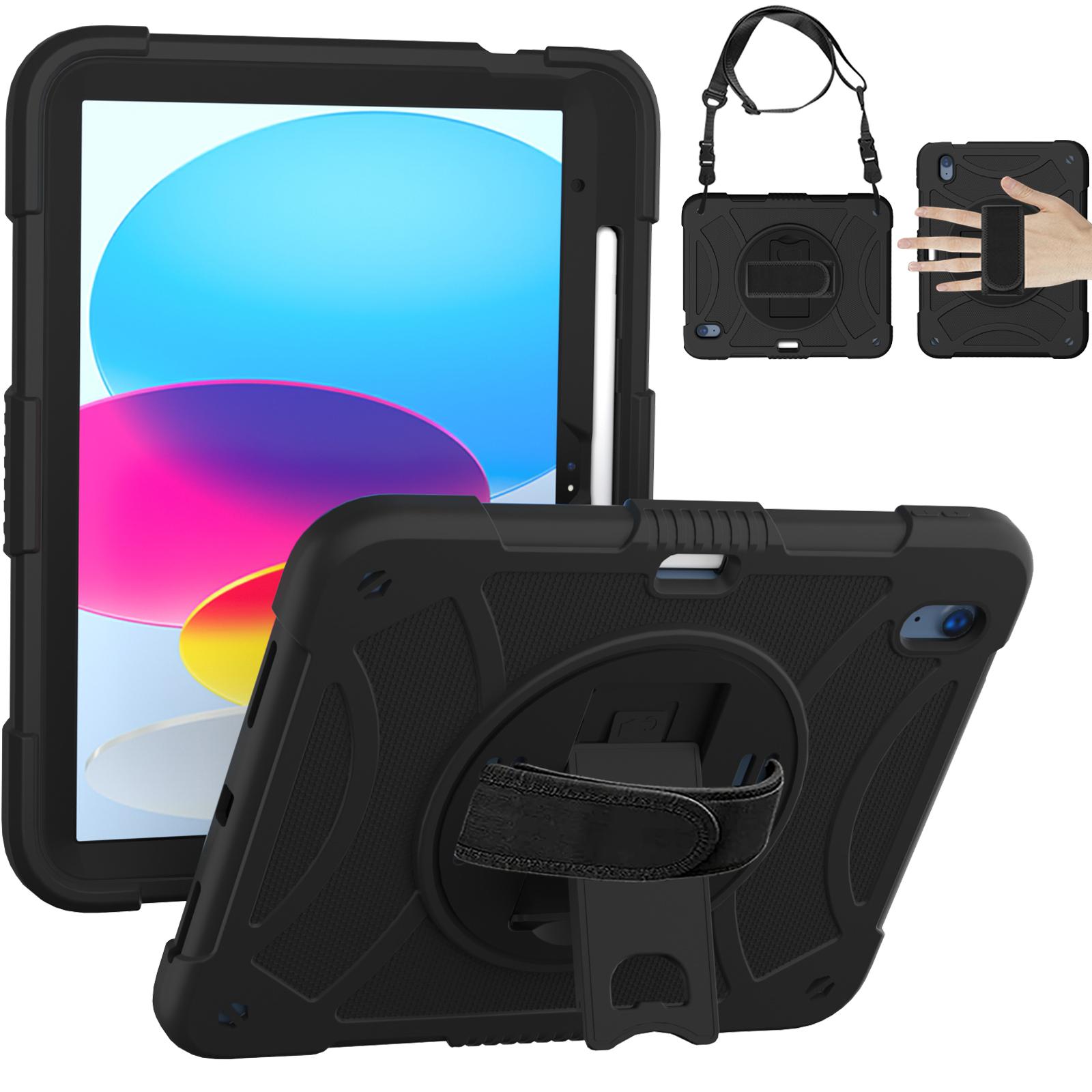 Apple iPad 10th Gen 2022 3in1 Tablet Hand and Shoulder Strap with Kickstand 3in1 Tough Hybrid - Black