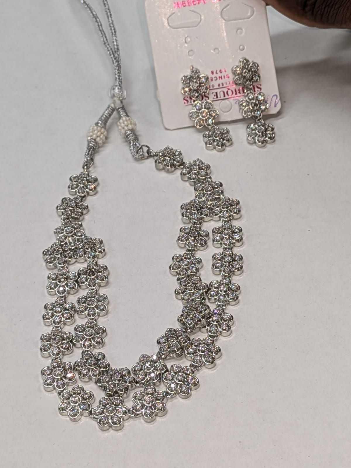 Necklace Earrings Luxury Jewelry Set Silver Plated Inlaid Rhinestone Double Layer With Flower Design Engagement Wedding Jewelry, photo 2 of 2
