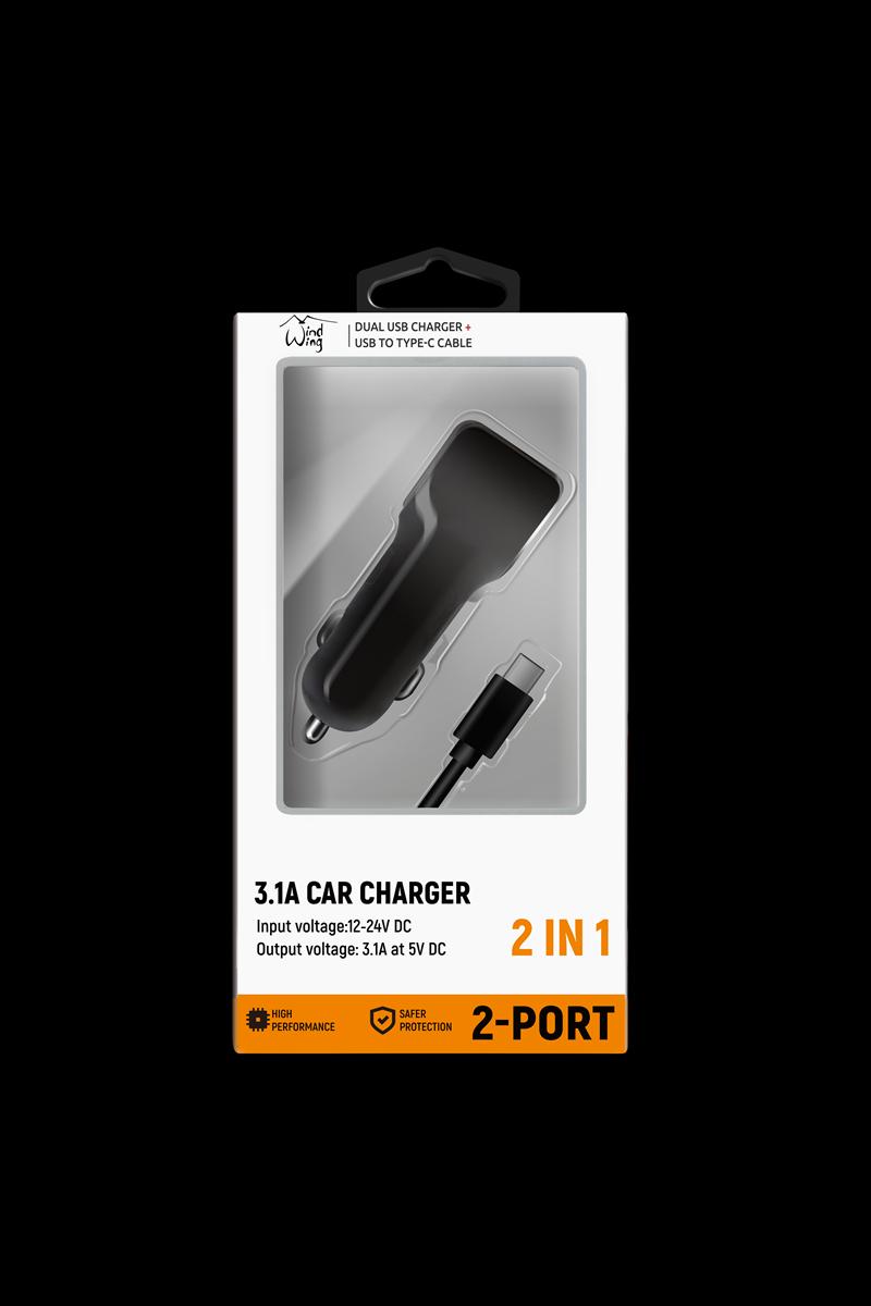 2 in 1 Fast Car Charger with dual USB ports and Type-C Cable Cord in Black (New Package), photo 2 of 2