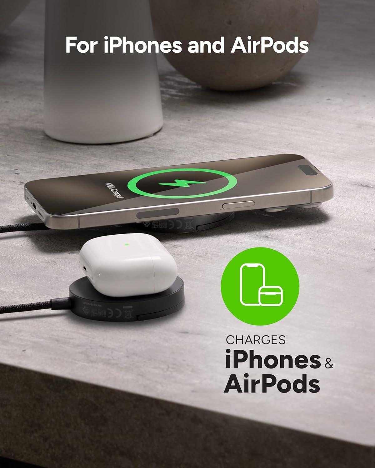 Mophie 15W Wireless Charging Pad with Kickstand - MagSafe and Qi2 Compatible for iPhone 16/15/14/13/12, AirPods Pro (2nd & 3rd Gen), Compact Travel Design with Integrated Cable, Black, photo 6 of 7