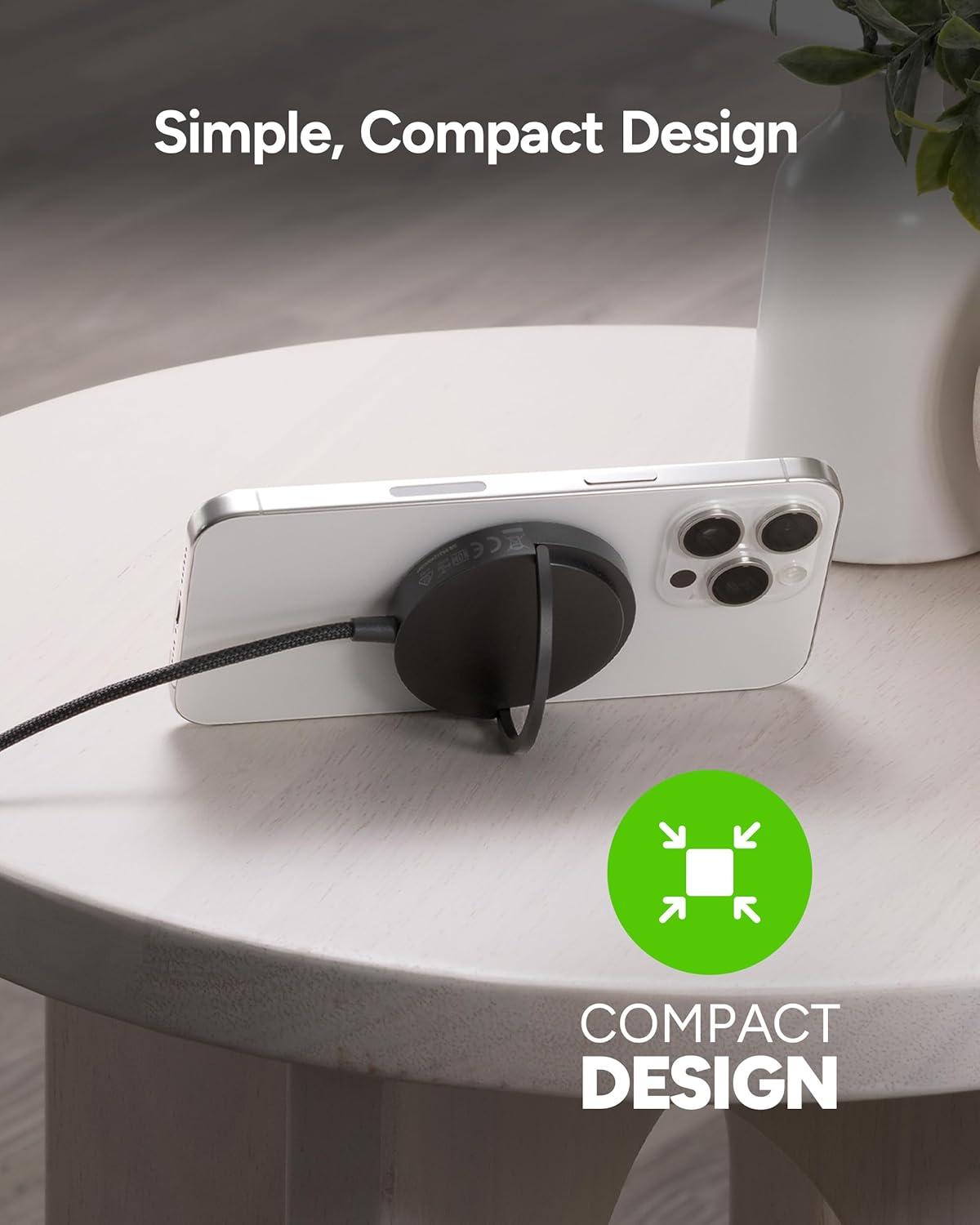 Mophie 15W Wireless Charging Pad with Kickstand - MagSafe and Qi2 Compatible for iPhone 16/15/14/13/12, AirPods Pro (2nd & 3rd Gen), Compact Travel Design with Integrated Cable, Black, photo 4 of 7