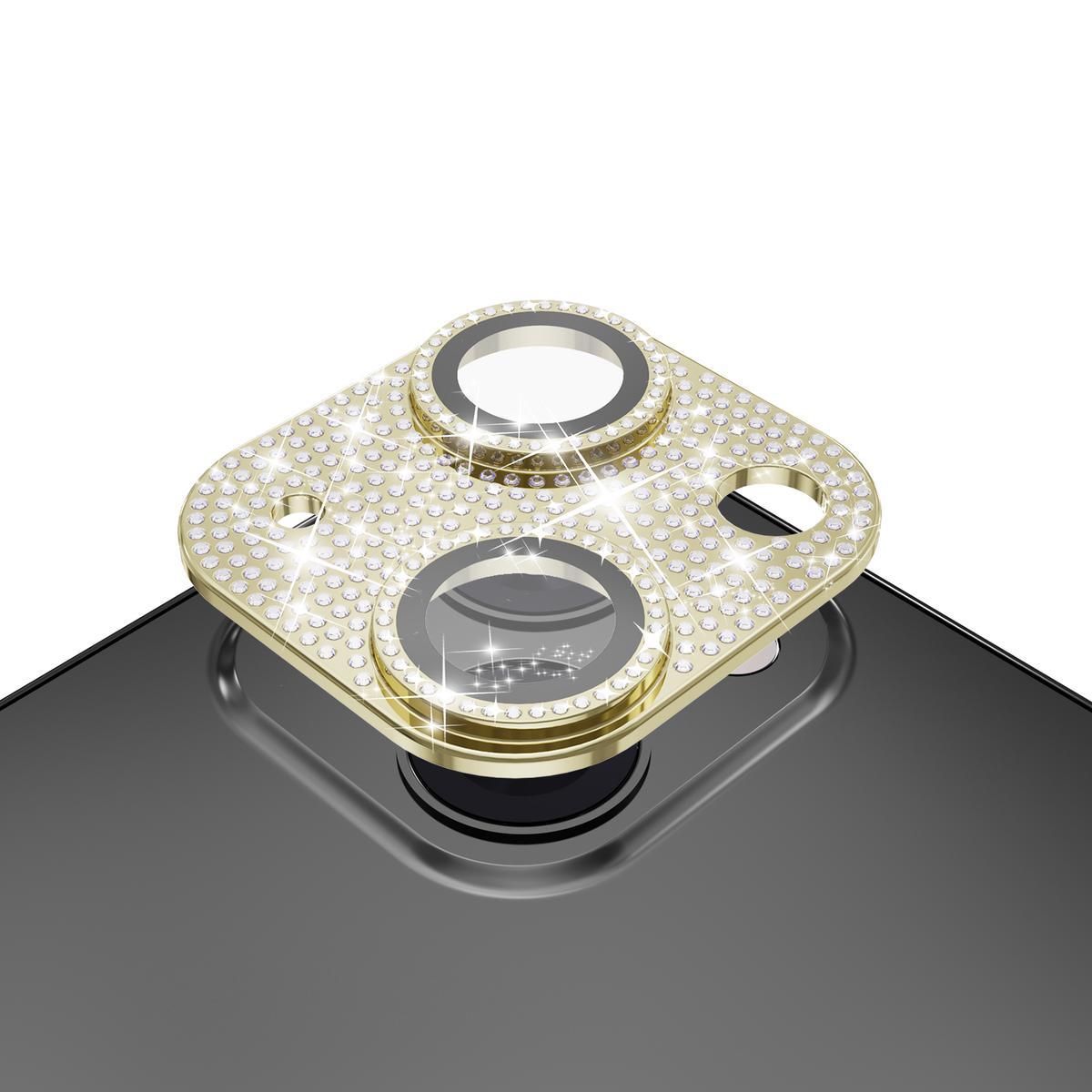 For iPhone 15 Pro Diamond Bling Camera Lens Full Tempered Glass - Gold