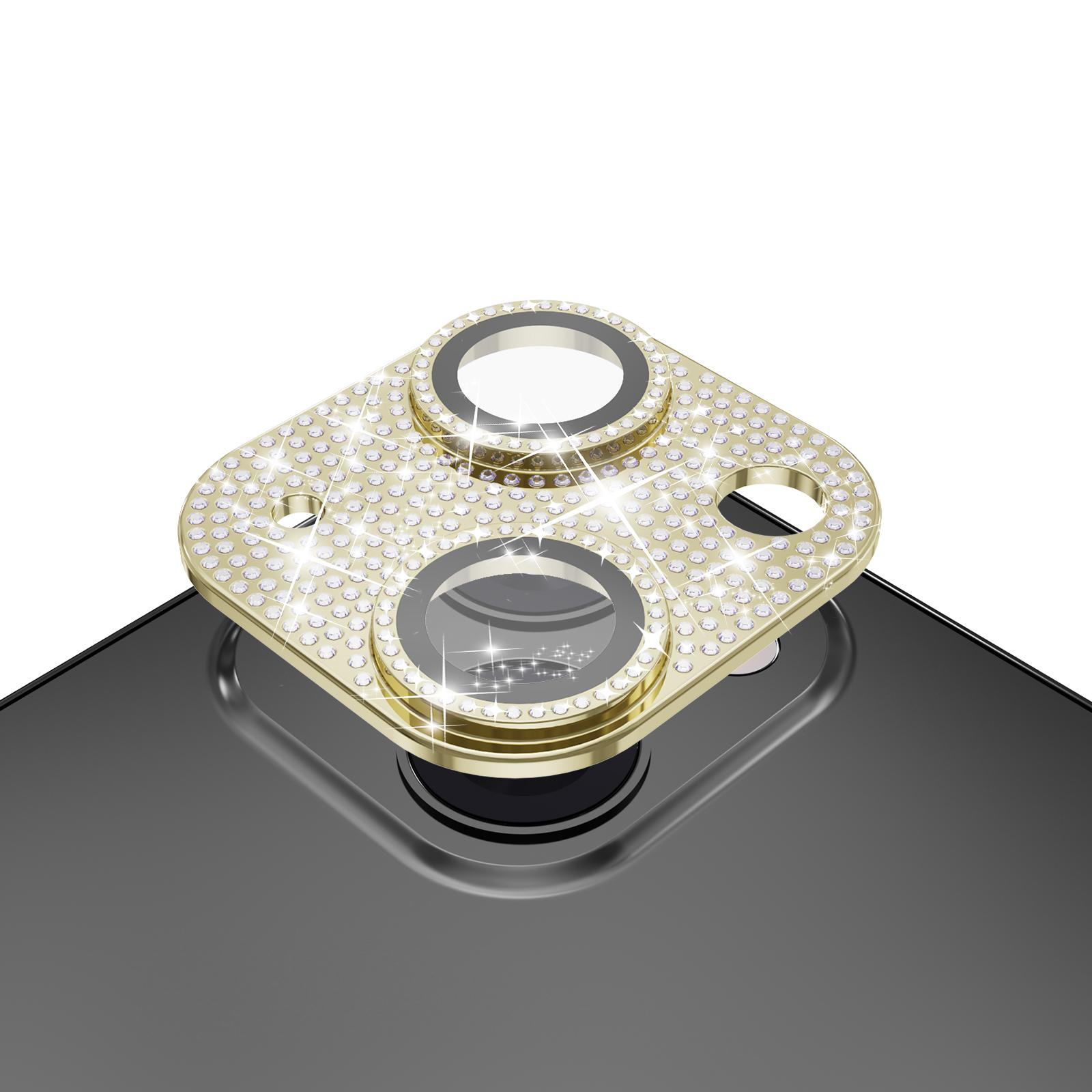 For iPhone 15 Pro Diamond Bling Camera Lens Full Tempered Glass - Gold